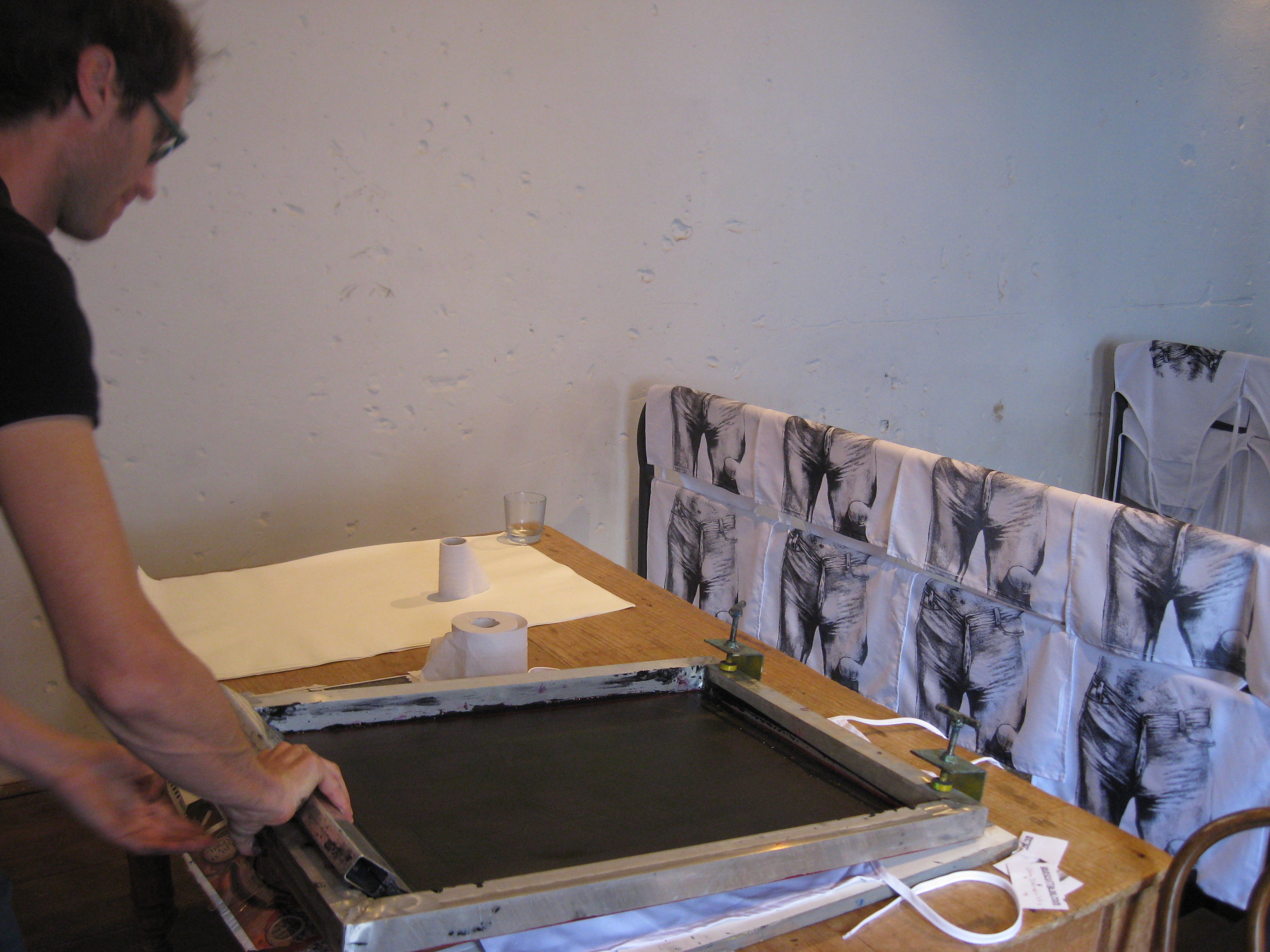 Lucas Ihlein screenprinting Bon Scott Blog Crotch Aprons, 2008.