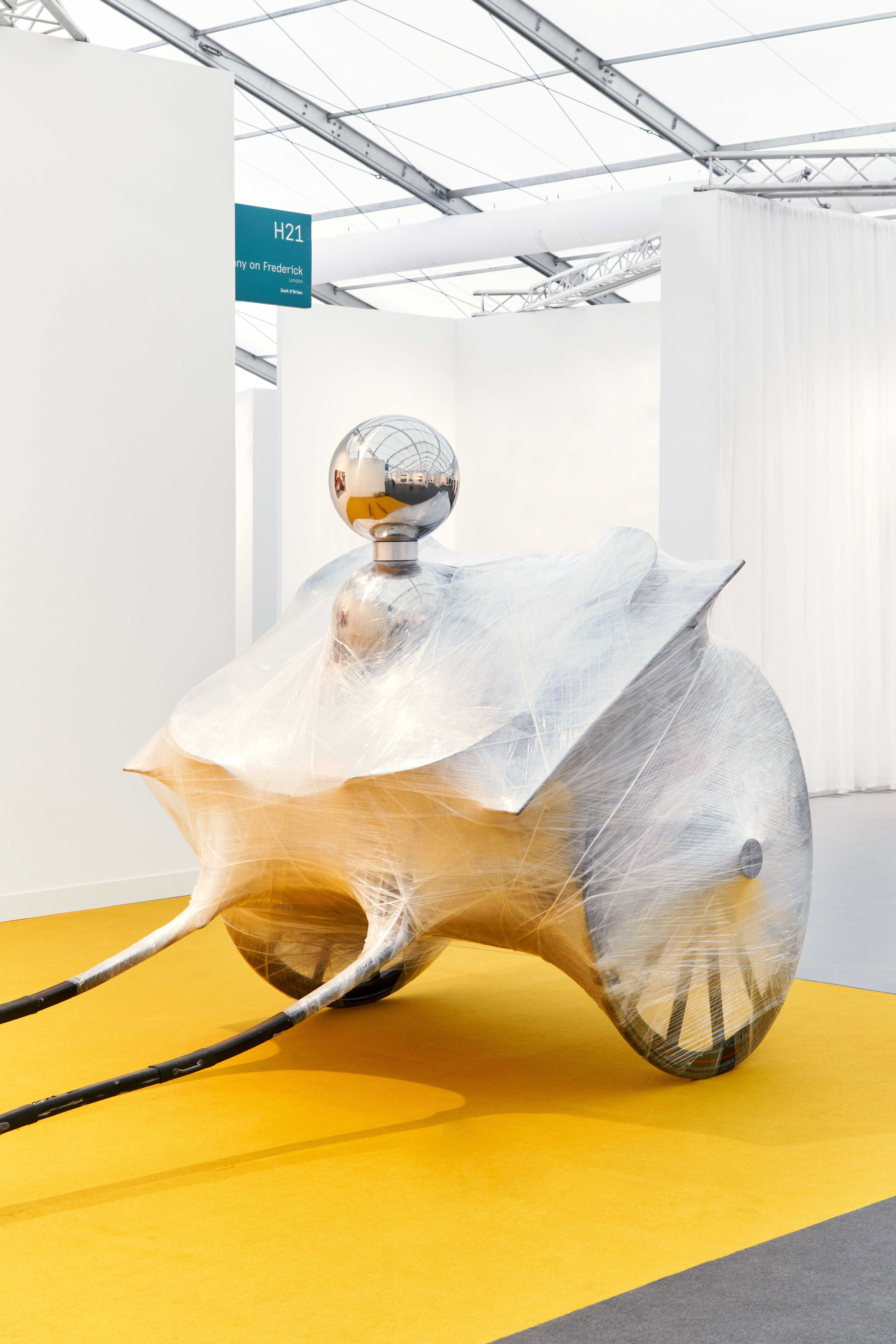 Volent, 2023, 318cm x 156cm x186cm (19th Century horse carriage, Cellophane, Ventilation duct, Chrome plated steel, Aluminium Pipe.)
