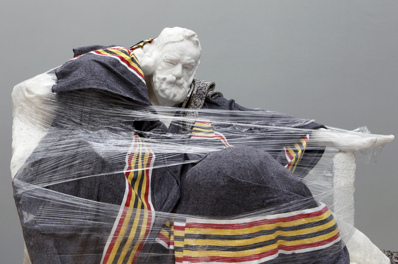 A sculpture by French sculptor Auguste Rodin wrapped for transit in 2012