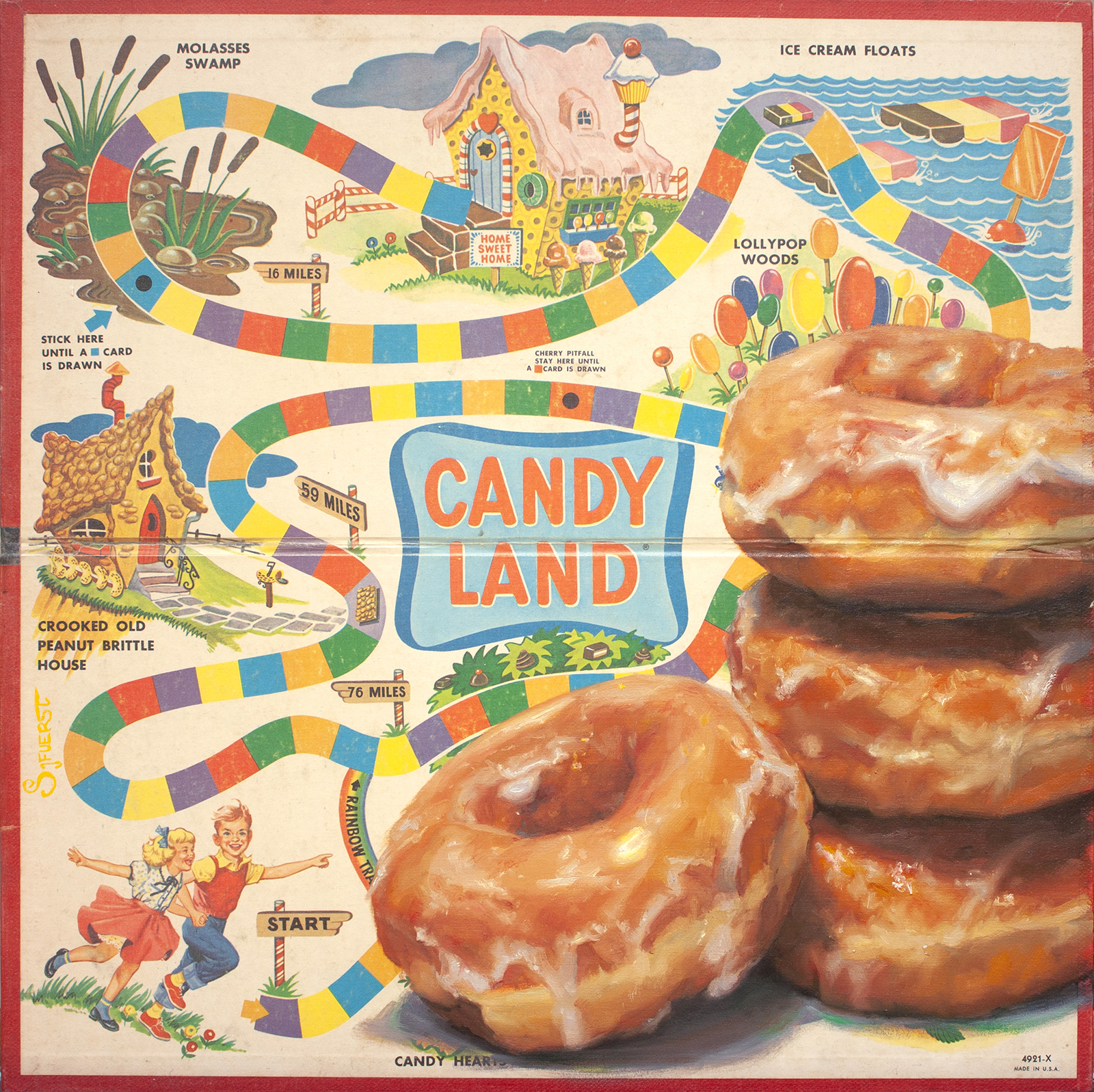 'Glazed Donuts'. Oil paint on panel mounted Candy Land board. 41.5 x 41.5cm