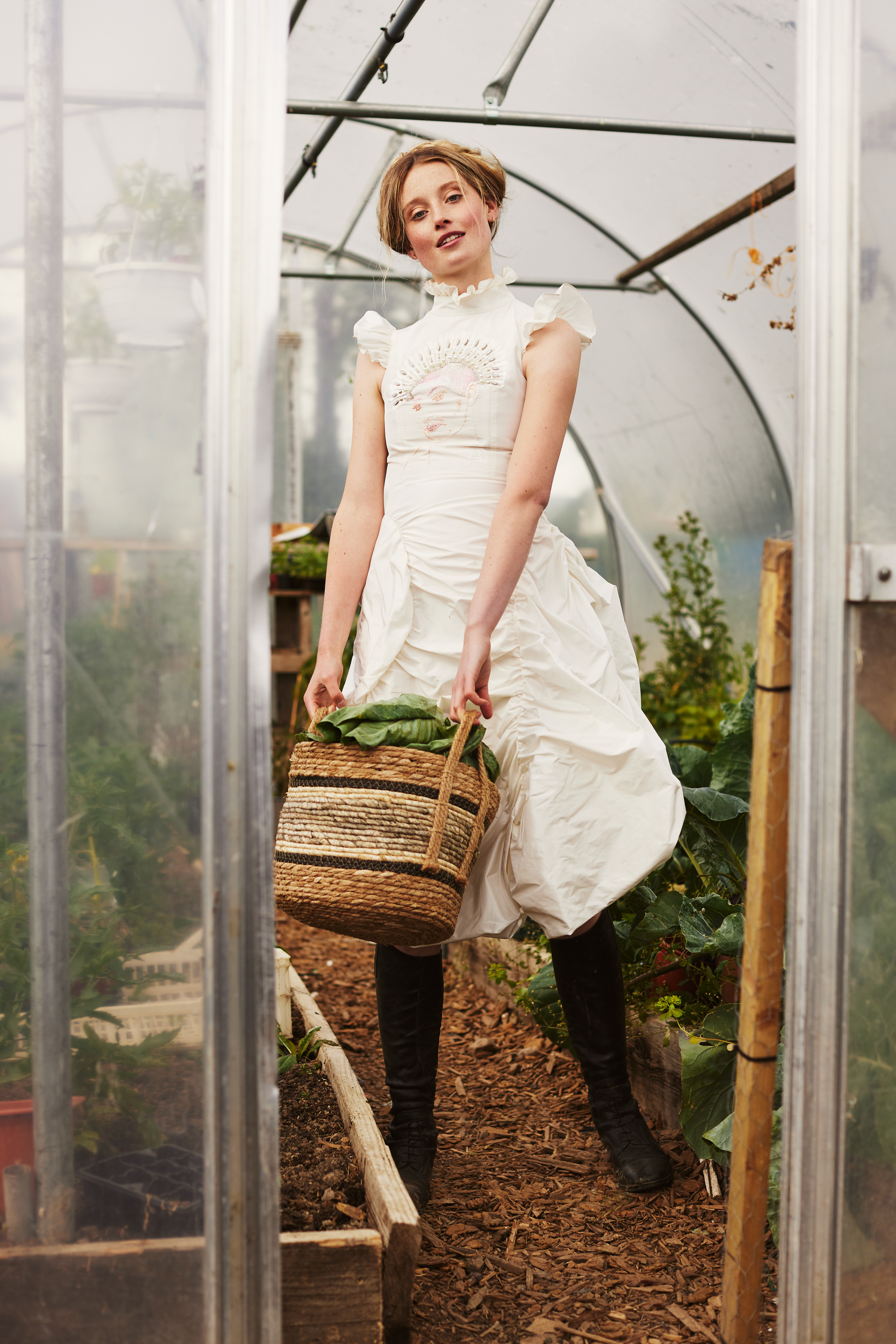 Stylish fashion editorial photoshoot in Dublin, Ireland, featuring a beautiful model unique pieces by Irish fashion designers. Photographed on a farm in Ireland, featuring horses and other farm animals. Photographed for Image Magazine by Alex Sheridan, with fashion stylist Anne O’Shea.