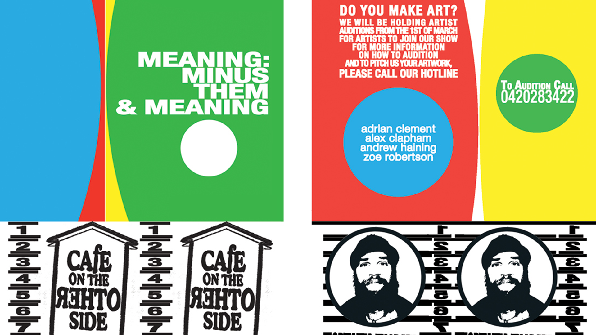 ID: A colourful poster for "Moment Minus Meaning" with white text against geometric blocks of blue, red, yellow and green.