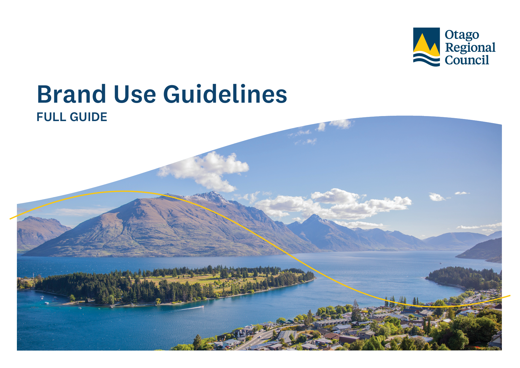 Graphic showing the cover image of the Otago Regional Council's Brand Use Guidelines. Cover has a picture of Lake Wakatipu and surrounding landscape.