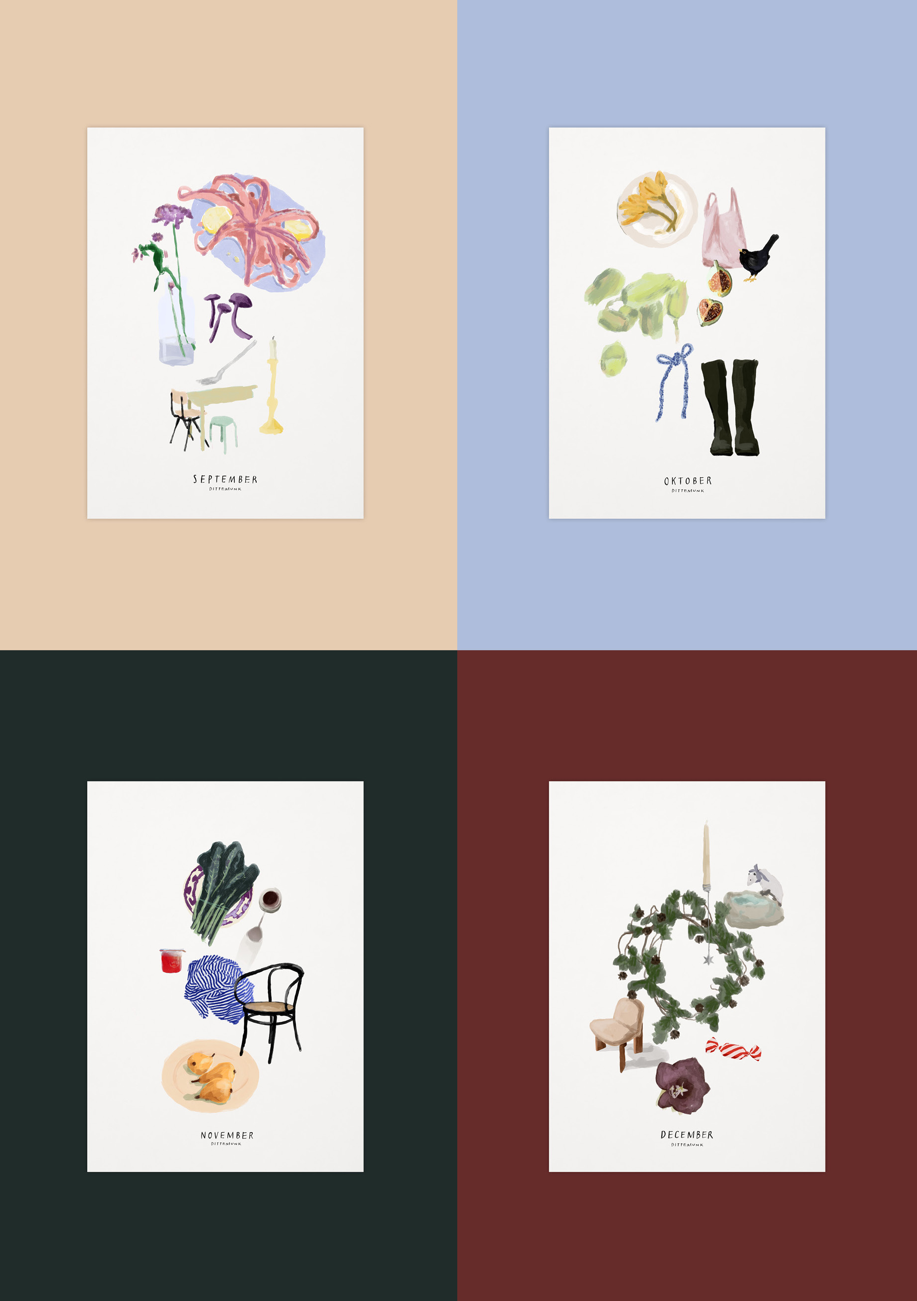 Illustrationer til alle &aring;rets m&aring;neder