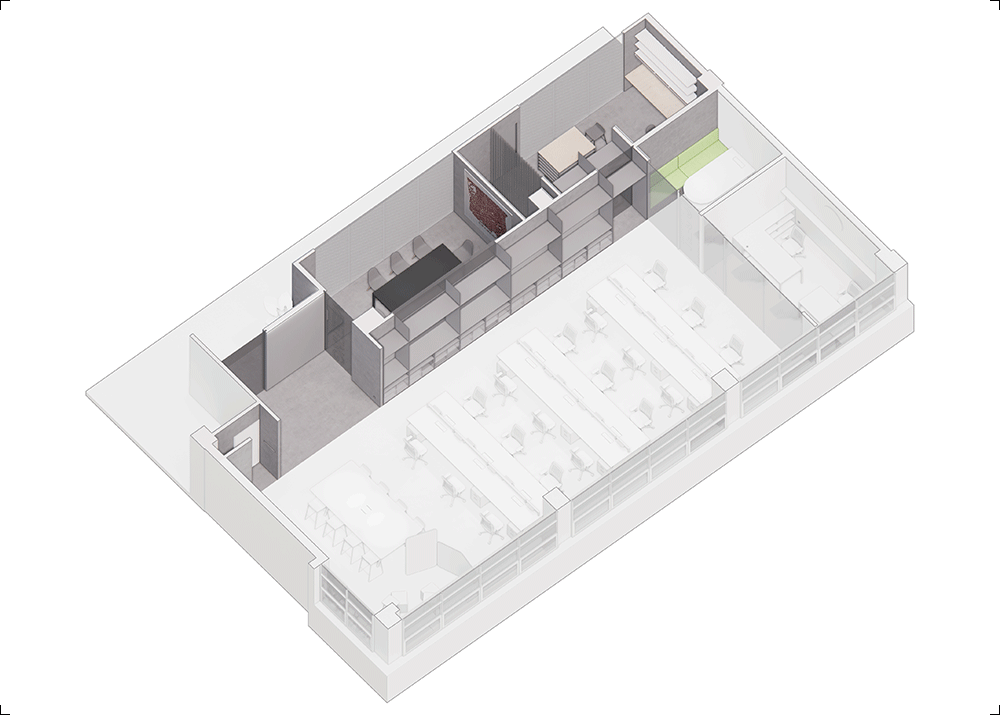 axonometric view highlighting the service bend in darker materials