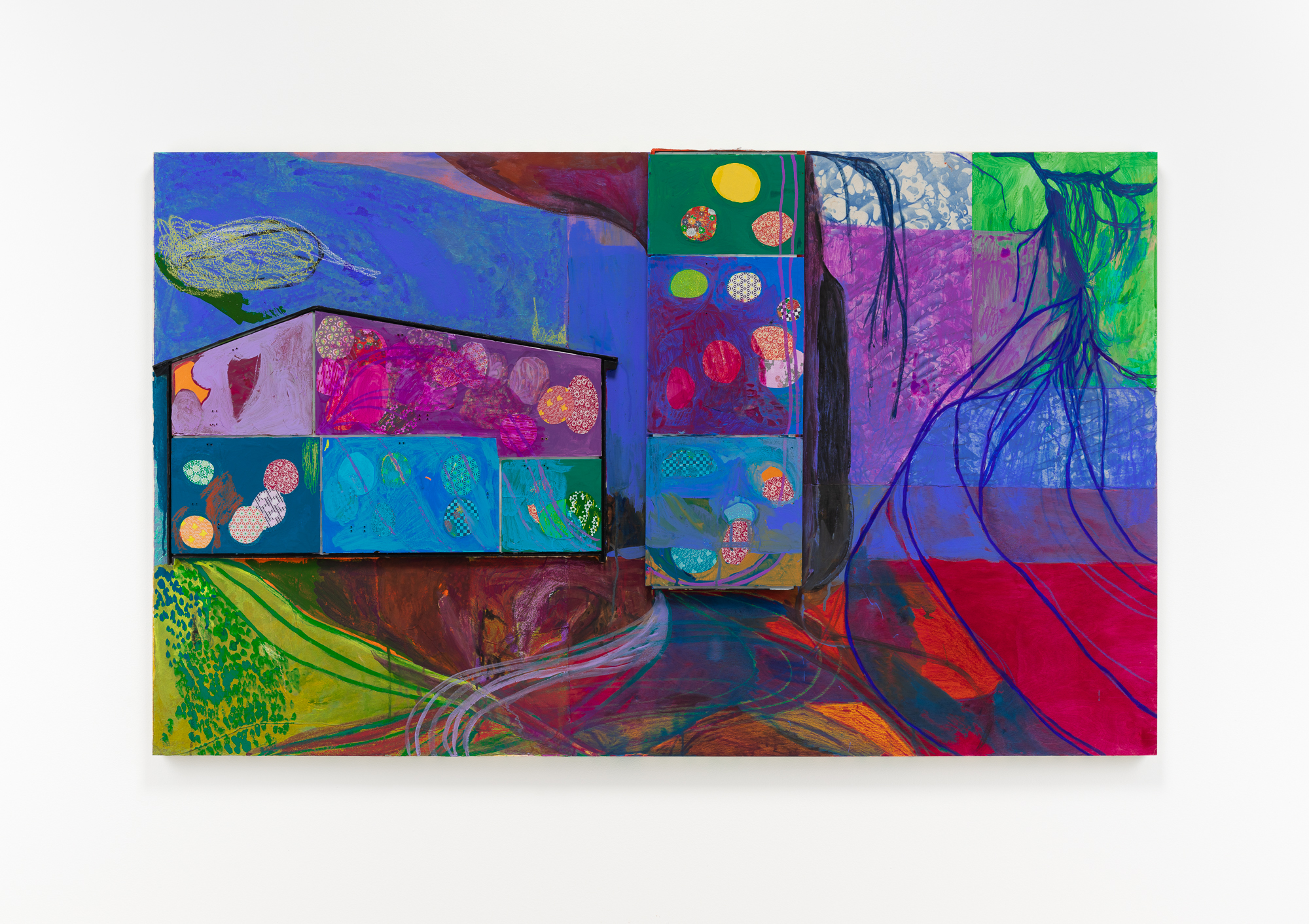 Villa Villekulla, 36 x 60", acrylic, gouache, wax pastel, plastic dollhouse pieces, and paper on wood panel, 2024