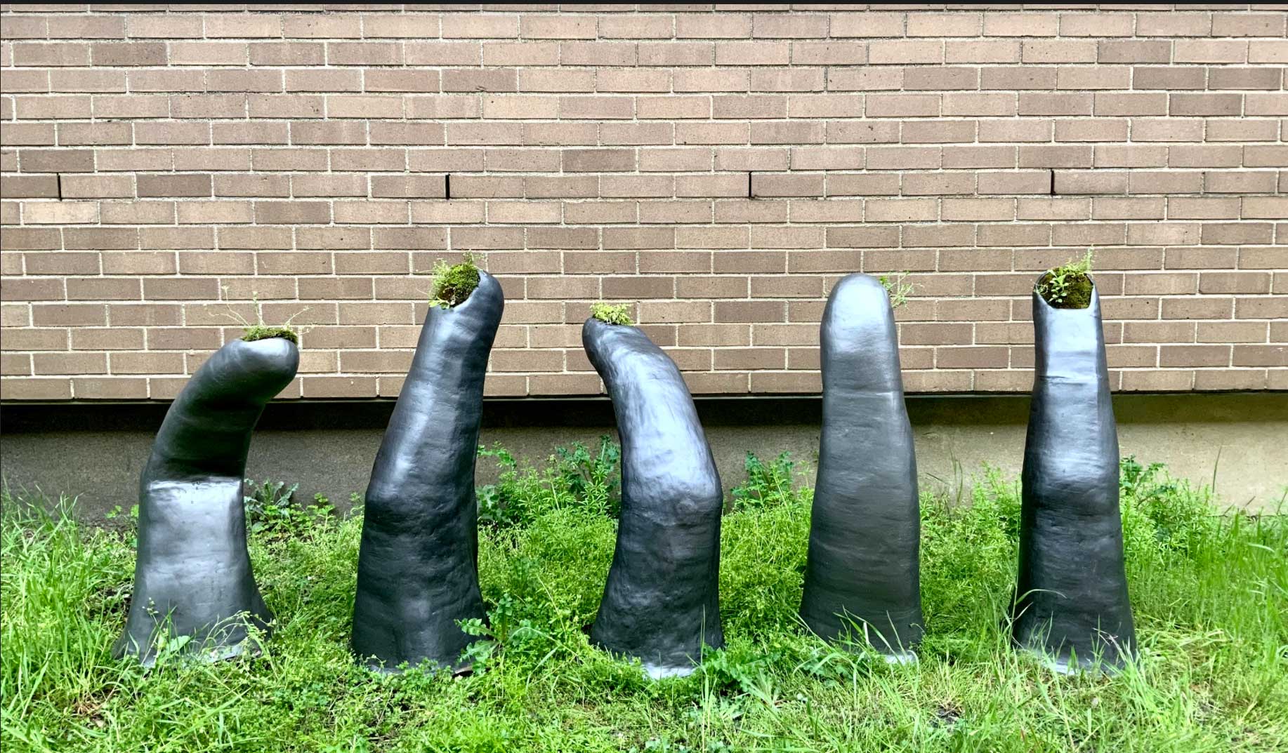 Playing Dress Up (Painted Fingernails) #1-5. 2020–21. Each piece approx. 14 x 36 x 9 inches. Earthenware, epoxy paste, enamel paint, moss.