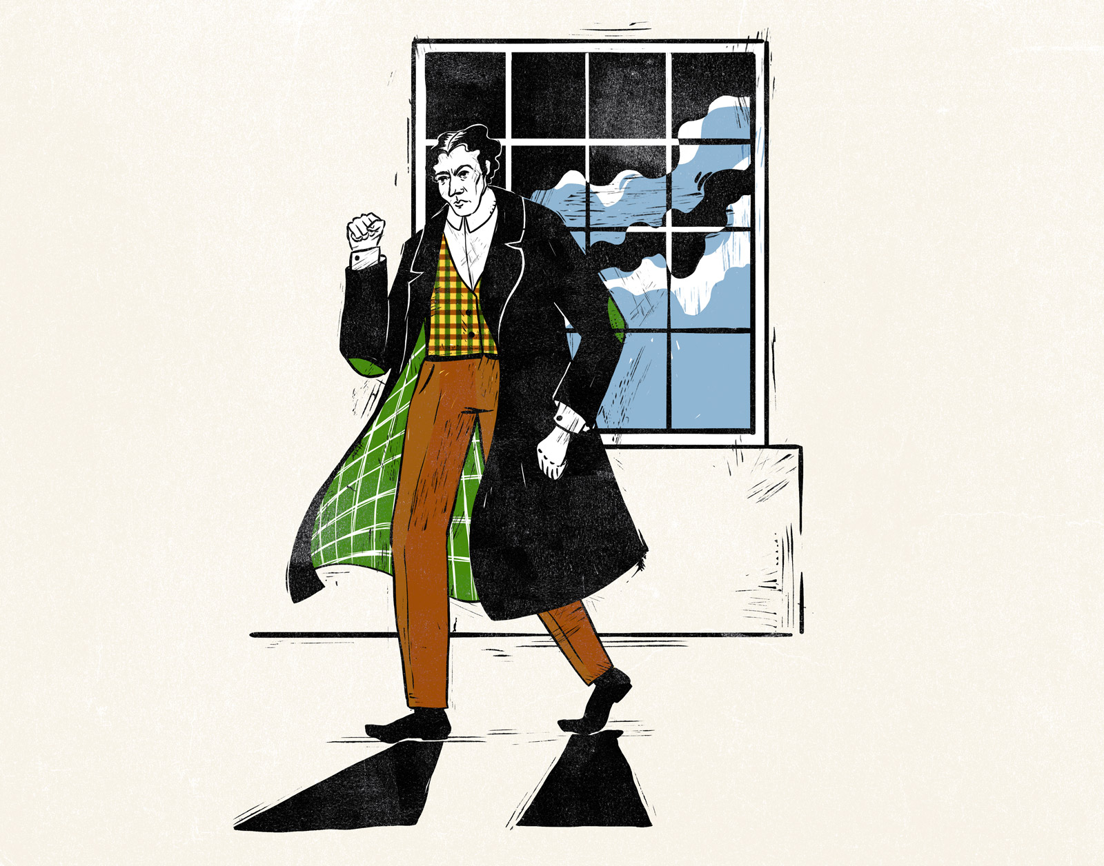 Moriarty looking angry in front of a window and a storm outside