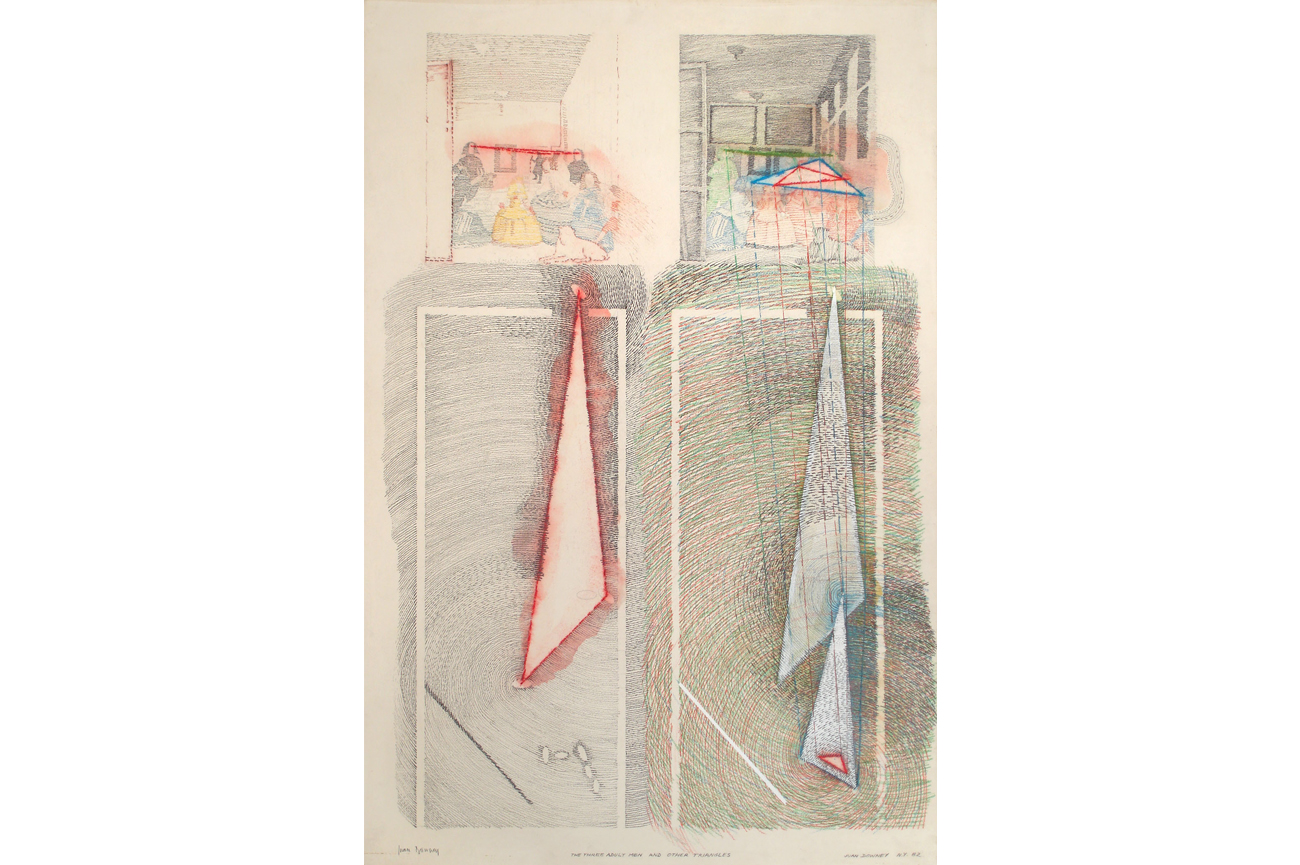 Juan DowneyThree Adult Men and Other Triangles, 1981Grafito y lápices de colores sobre papel160 x 109 cm
