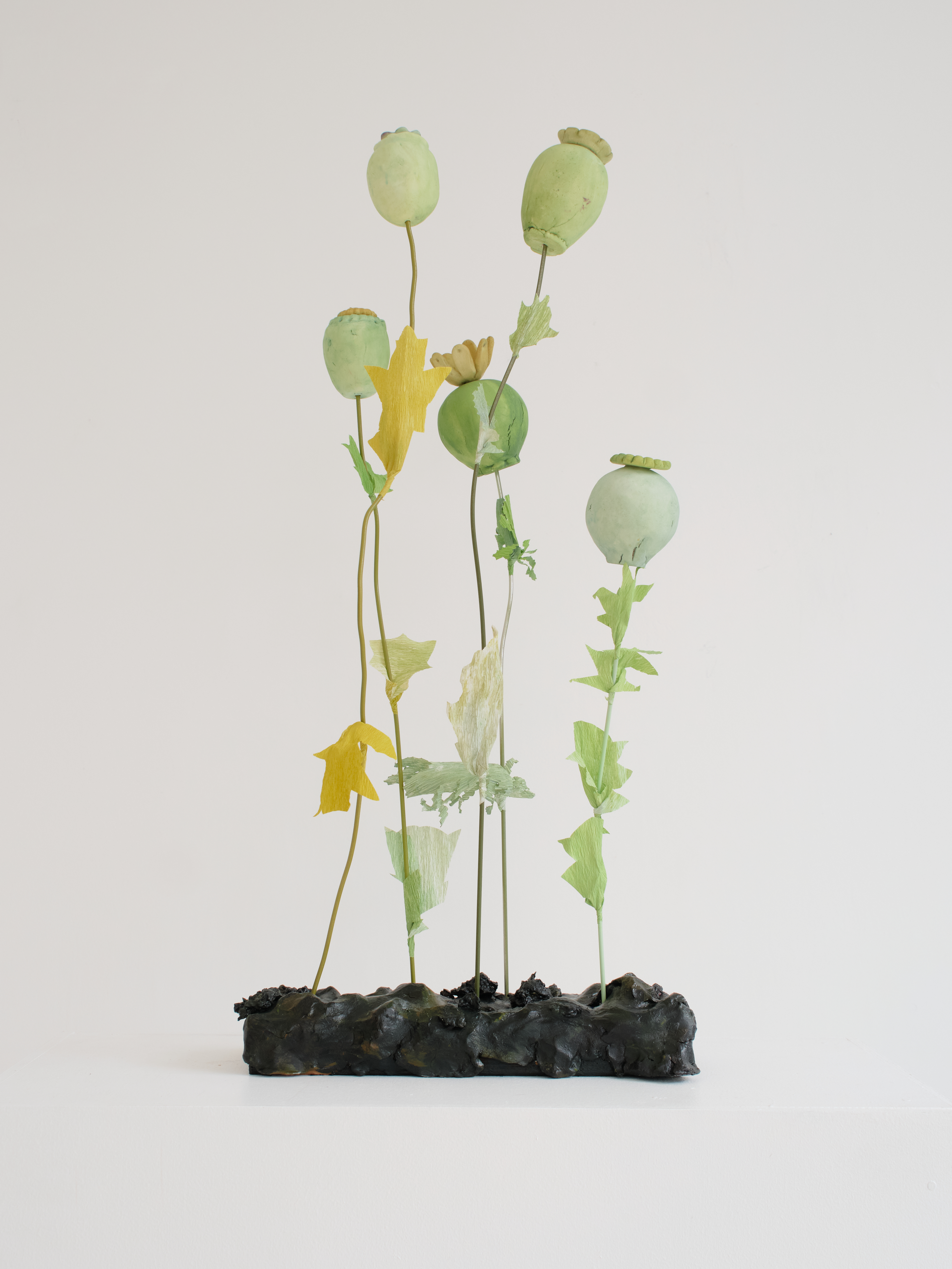 "Stand of Poppies - Quintet 2", dimensions variable, mixed media with wood and papier mache base, 2025. (SOLD)