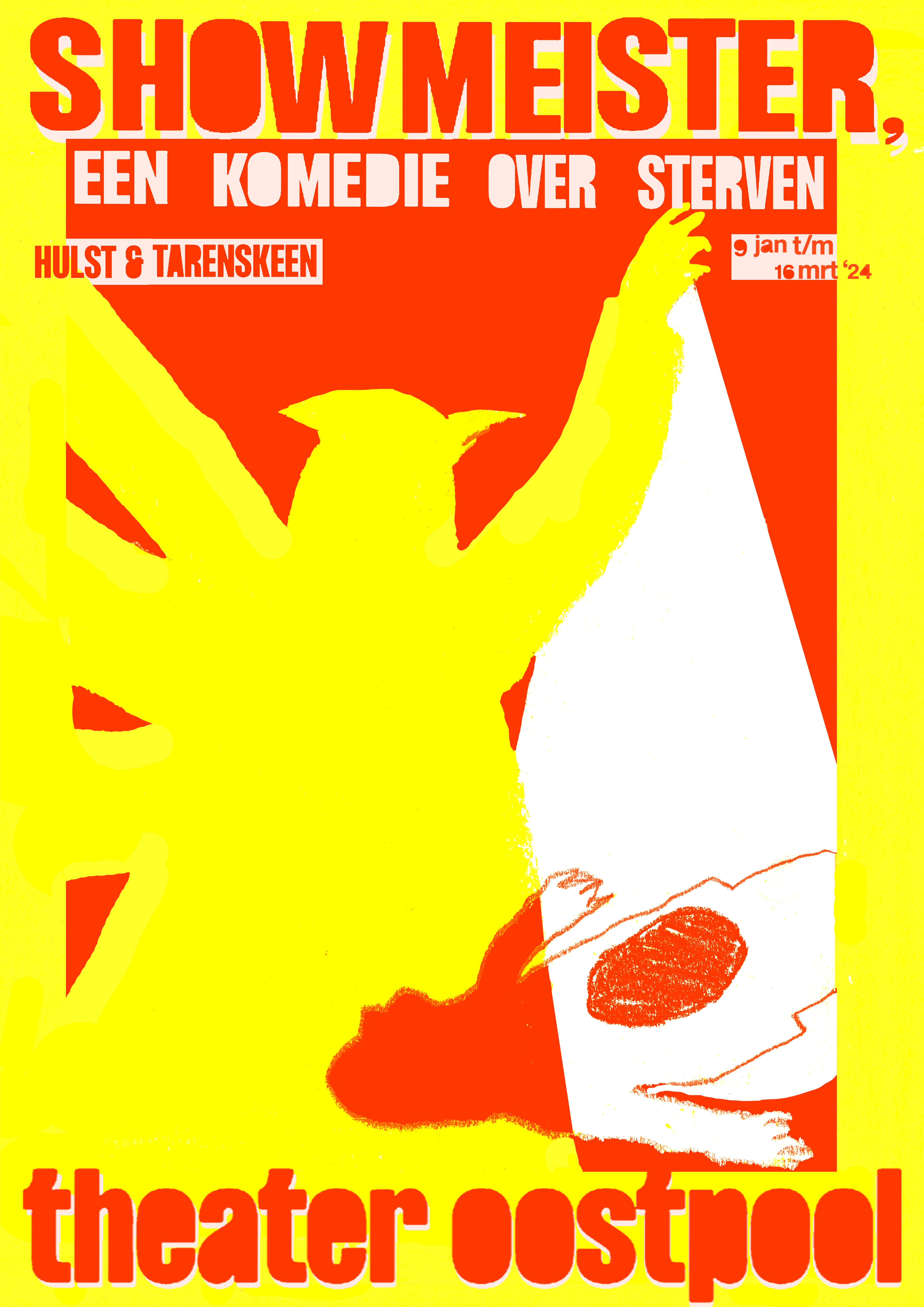 posterontwerp voor de voorstelling 'showmeister, een komedie over sterven' in opdracht van theater Oostpool. -voorjaar 2023