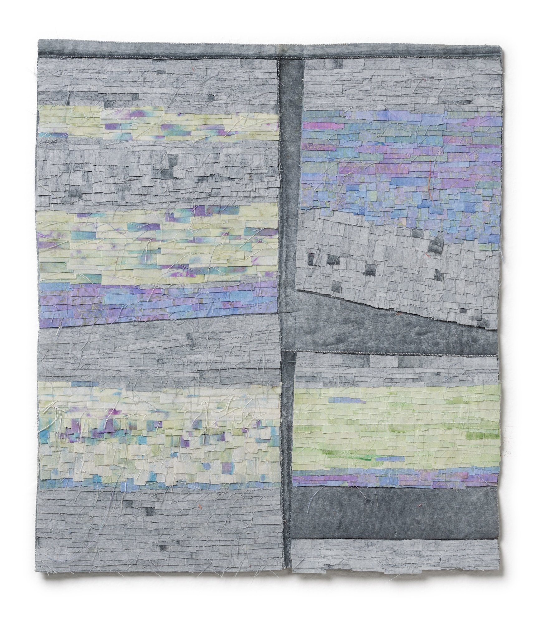  Gray Patchwork,  2015 . Color pencil, watercolor and fragments of textile on hand sewn fabric . 40 x 30 cm