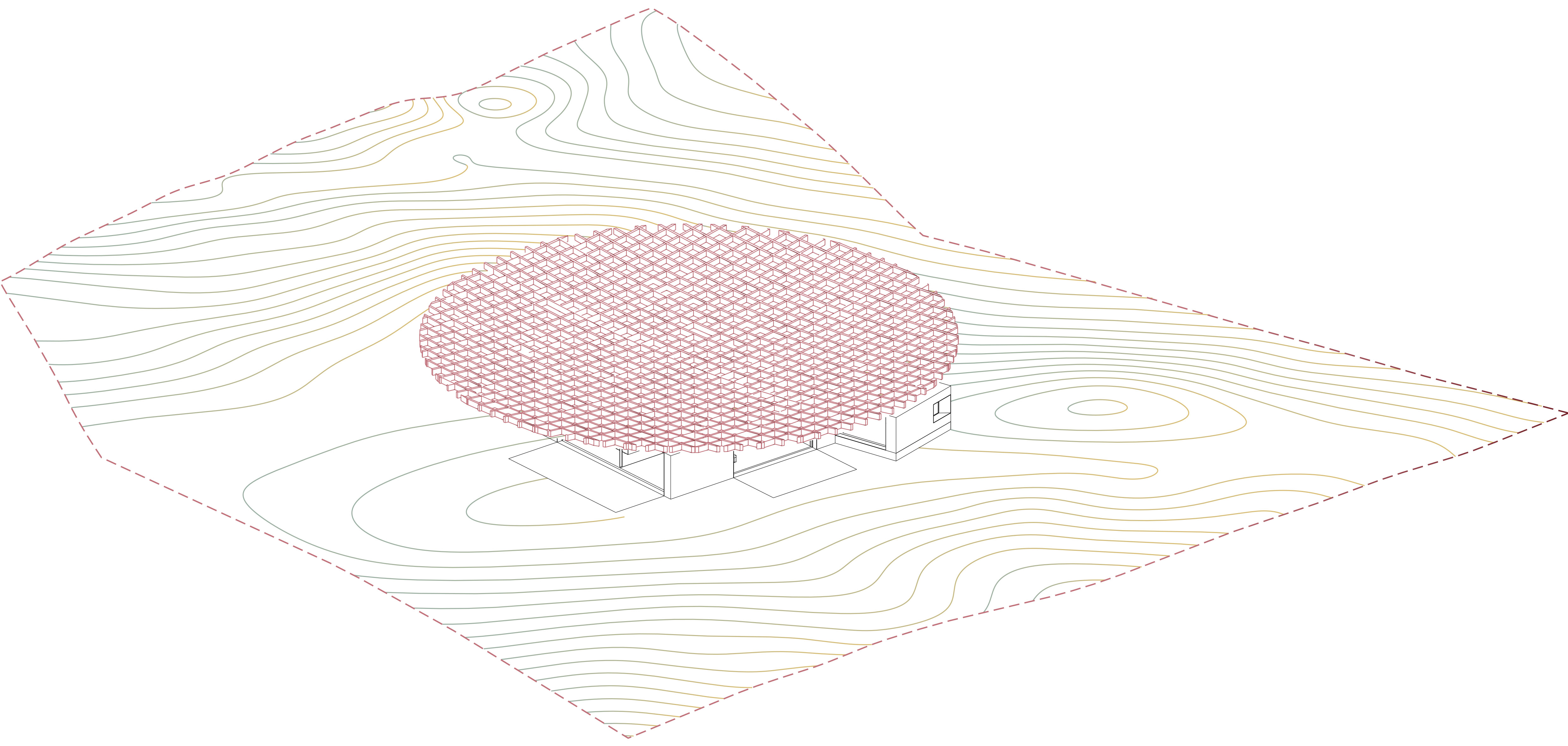The walls and roof are prefabricated as separate elements. The spherical roof geometry structure is made from identical elements, arranged to form waffle grid.