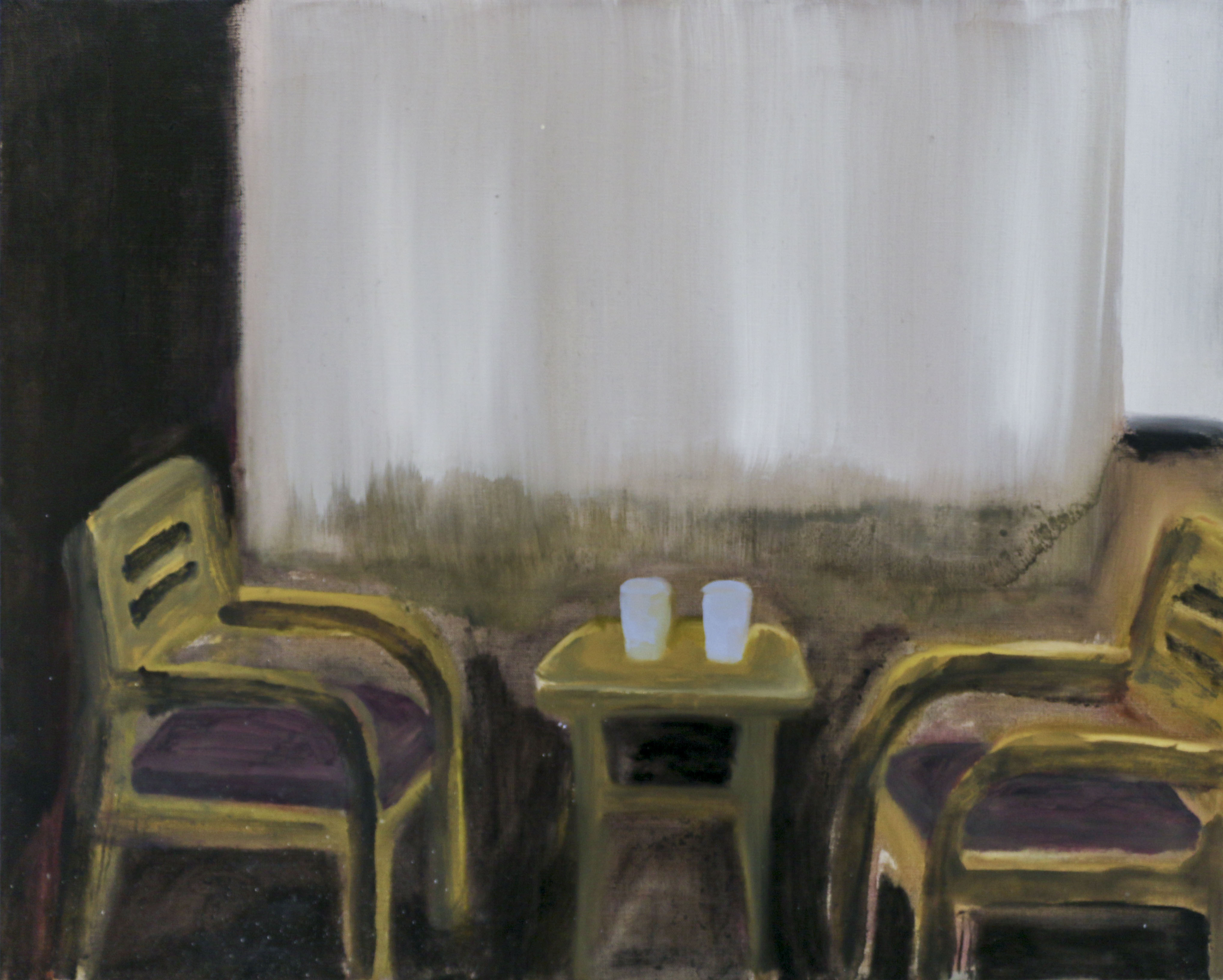 Chairs by the Curtain. 2017. oil on canvas. 18x24 inches. 46x61 cm.