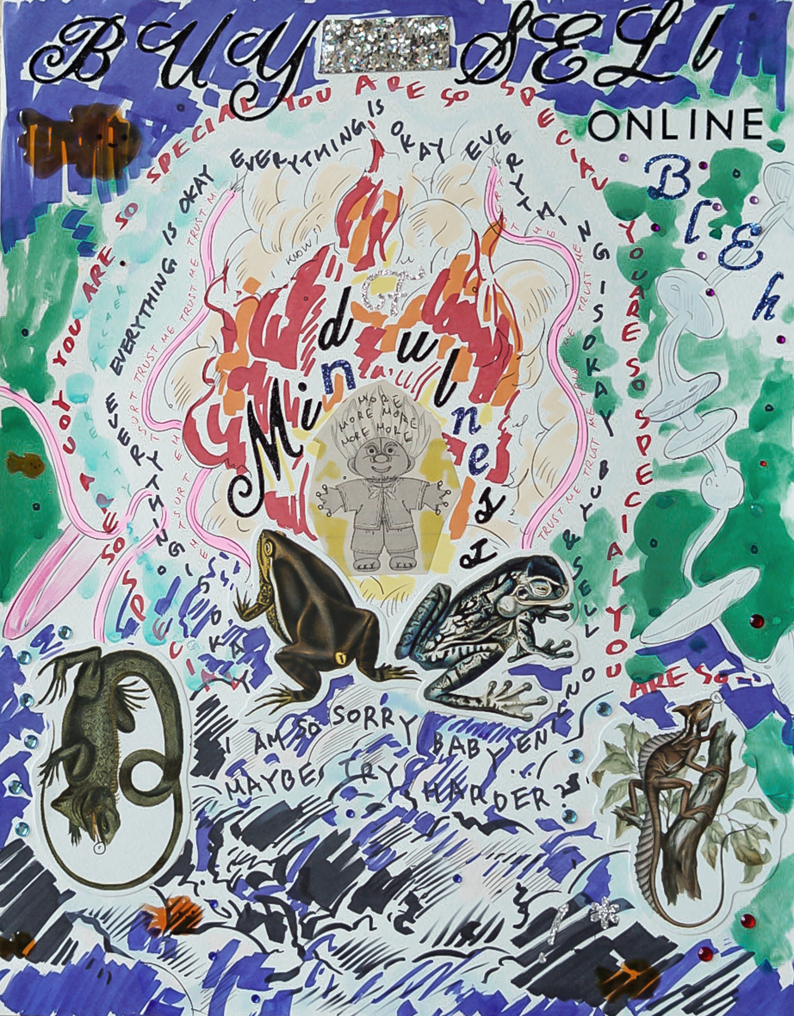 y0urkingd0m_005, mixed media drawing on paper, 2022