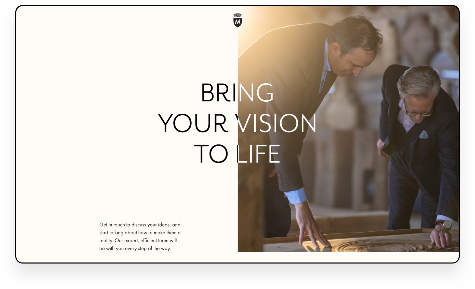 Website hero reads 'Bring your vision to life'.