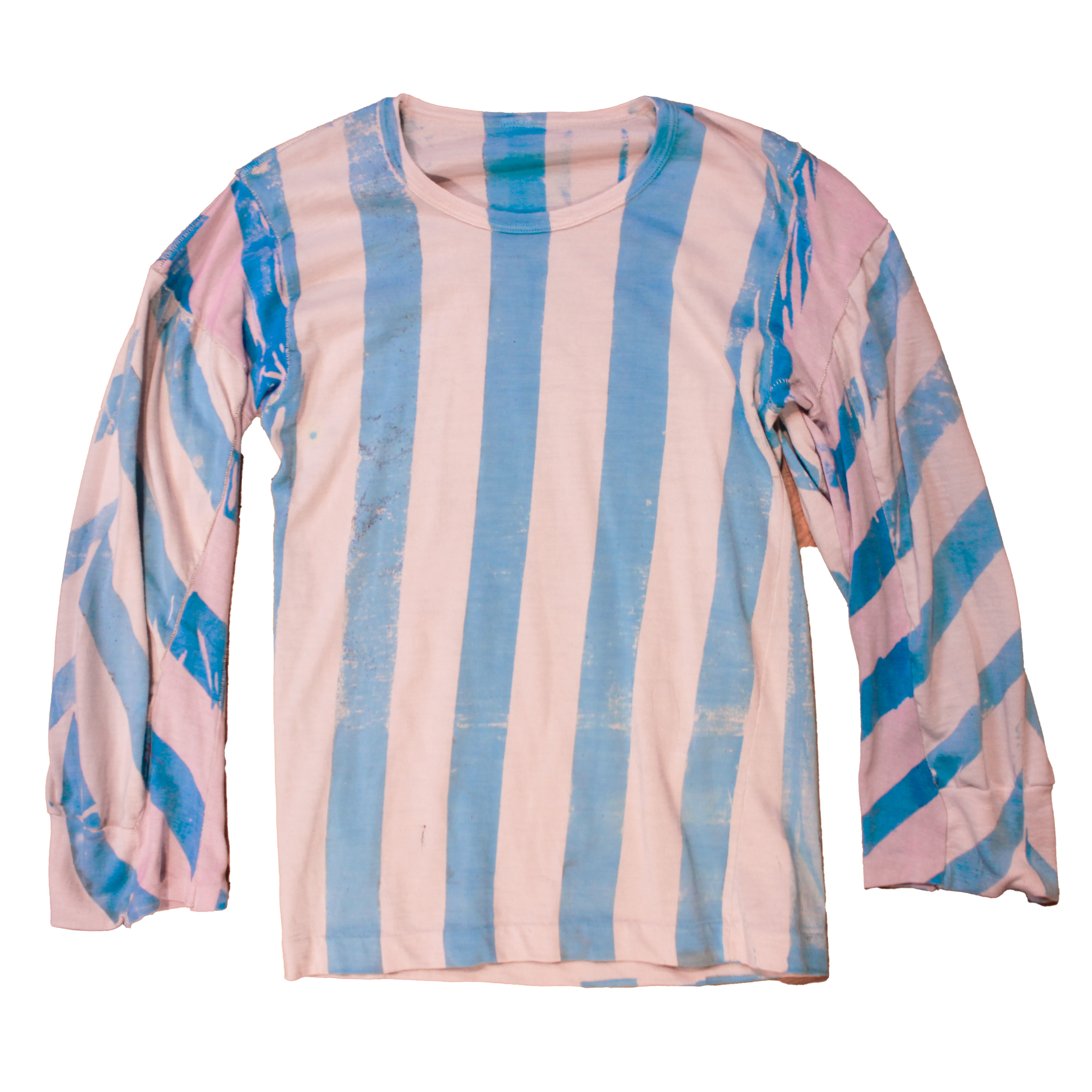 reclaimed vintage surplus thermal shirt tailored to have a boxy fit and wide sleeves. Allover printed with stripes using textile dye