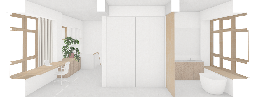 Variant 2: Eerste Verdieping, Overloop met studieplek en badkamer.