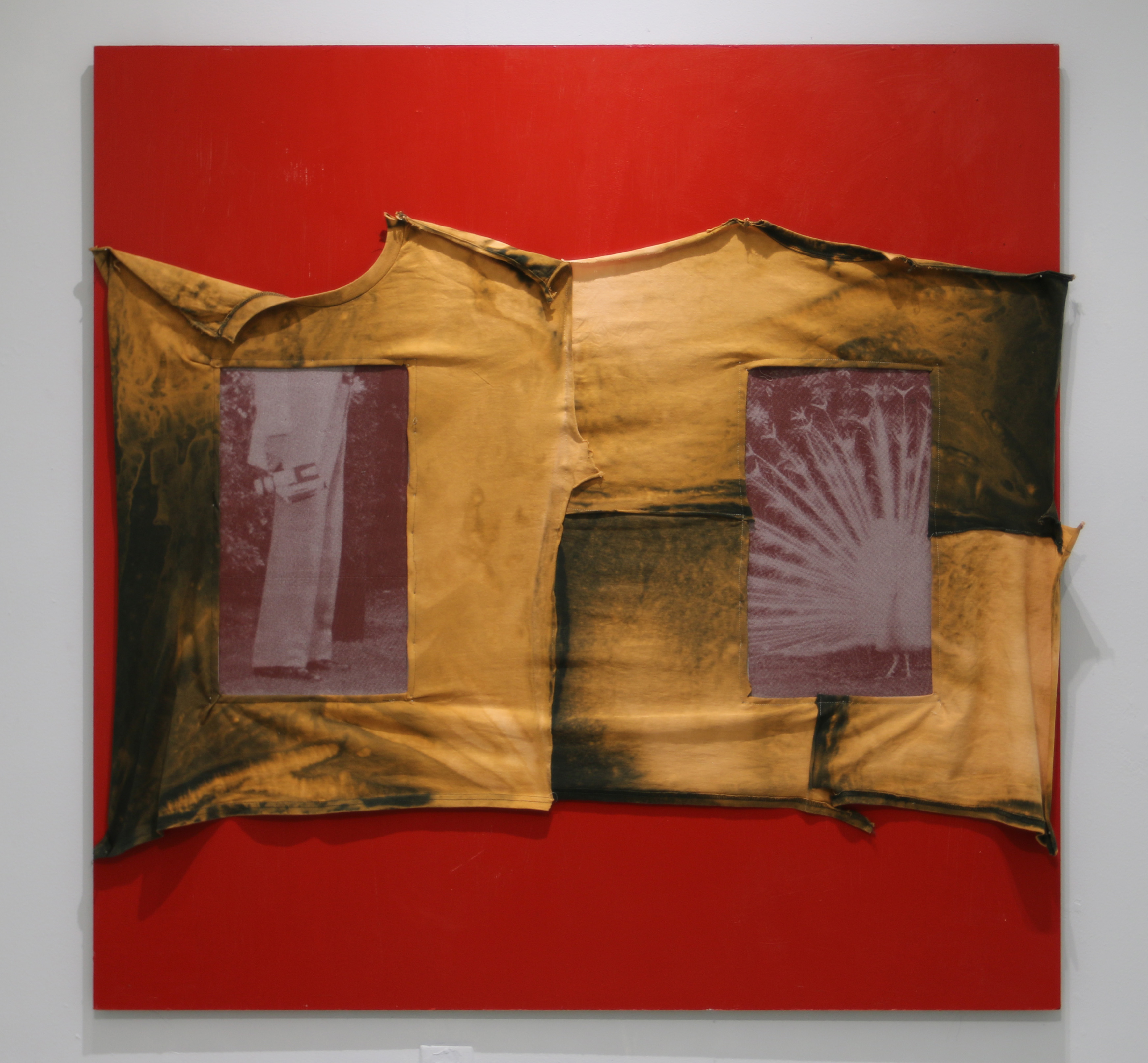 veritas (2023.) bleach, t-shirt, uv print, nails +++ aprrox. 49" x 49."