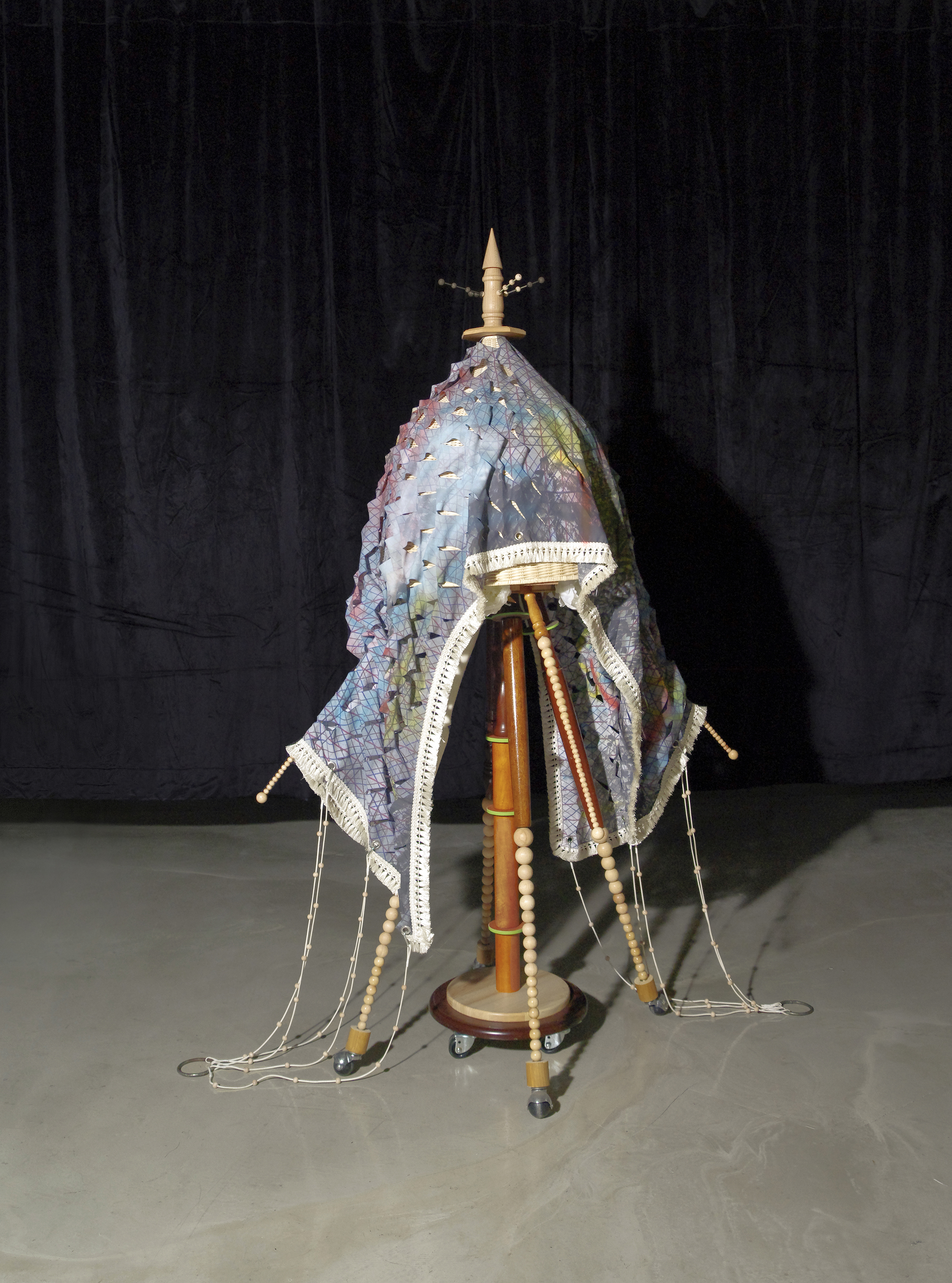 Skin_Layer / Collected objects, wood, marvel, pigment print on cotton, lace, artificial flower, wheel, bell, 122*122*200(H)cm, 2022