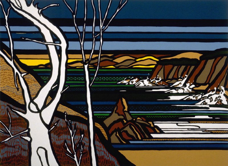 Richard Fiscus, Land's End from Golden Gate Suite, 1976, ADI Graphic Editions, Fikrat Al-Khouri (printer) Screenprint 56.5 x 76.5 cm (image), The Fine Art Museums of San Francisco, gift of David C. Temple, 1978.1.136.2 Image courtesy FAMSF.Richard Fiscus separated from his wife in the 1960s and took up with his longtime partner, Howard Troy. Fiscus was a self-taught painter, and his work was widely exhibited and acquired by museums and corporate collections—and even appeared in Woody Allen’s film Play It Again, Sam.