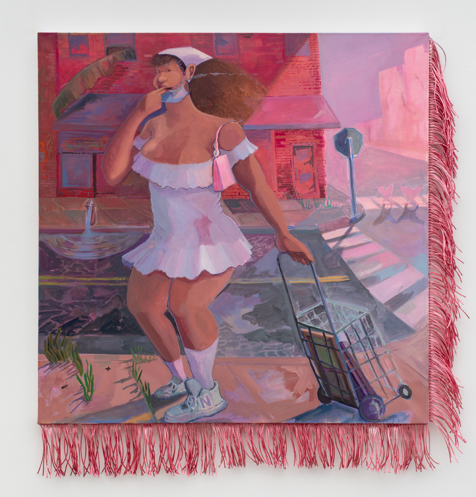 (Mujer Cómoda, Mujer Divina), 2021, oil on canvas, satin dyed in agua de jamaica, 36 x 36 in.