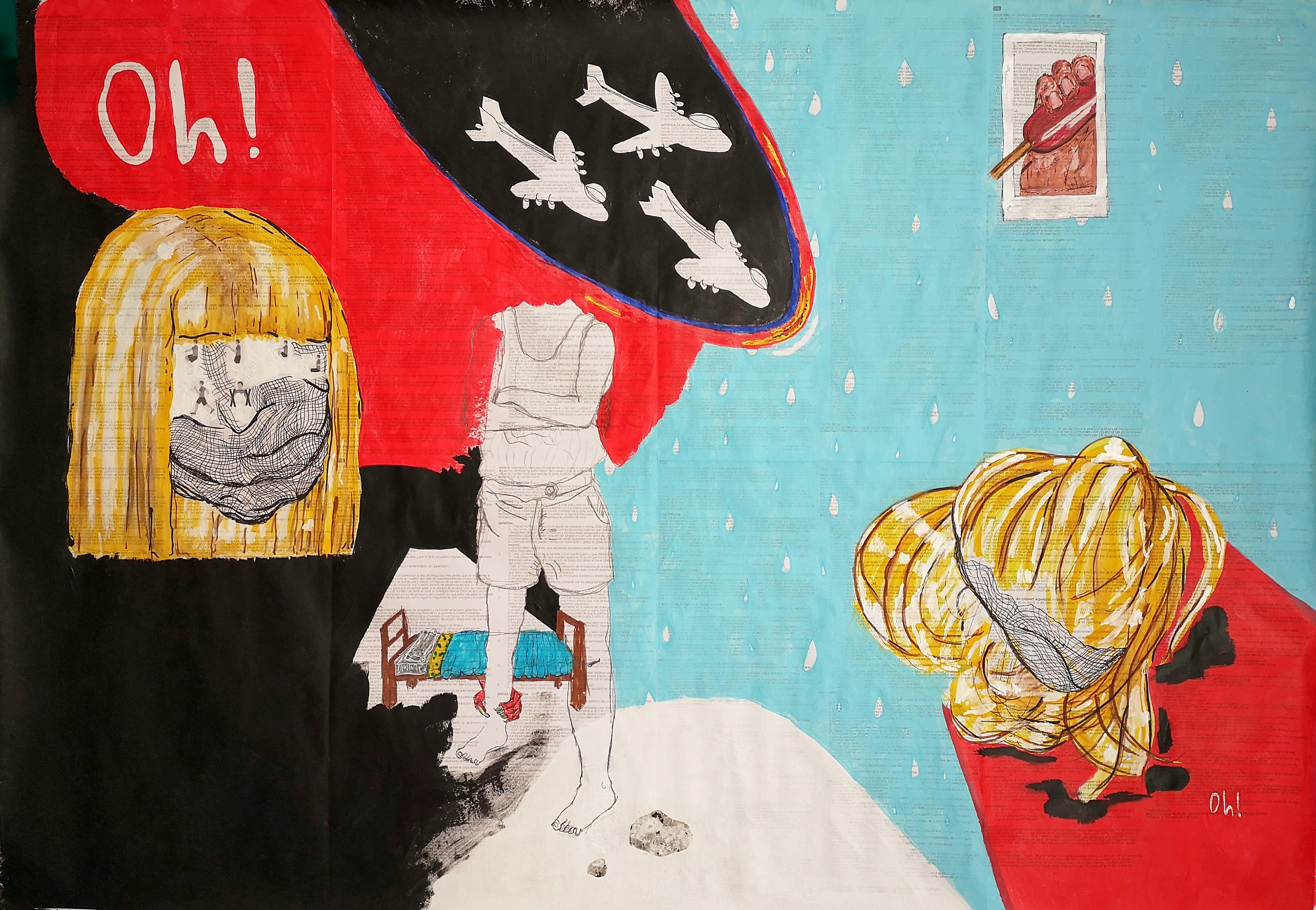 Debaixo da cama, flores, 2020 (acrylic ink, markers, pencil, cut-outs and watercolor on package insert; 58x83cm)