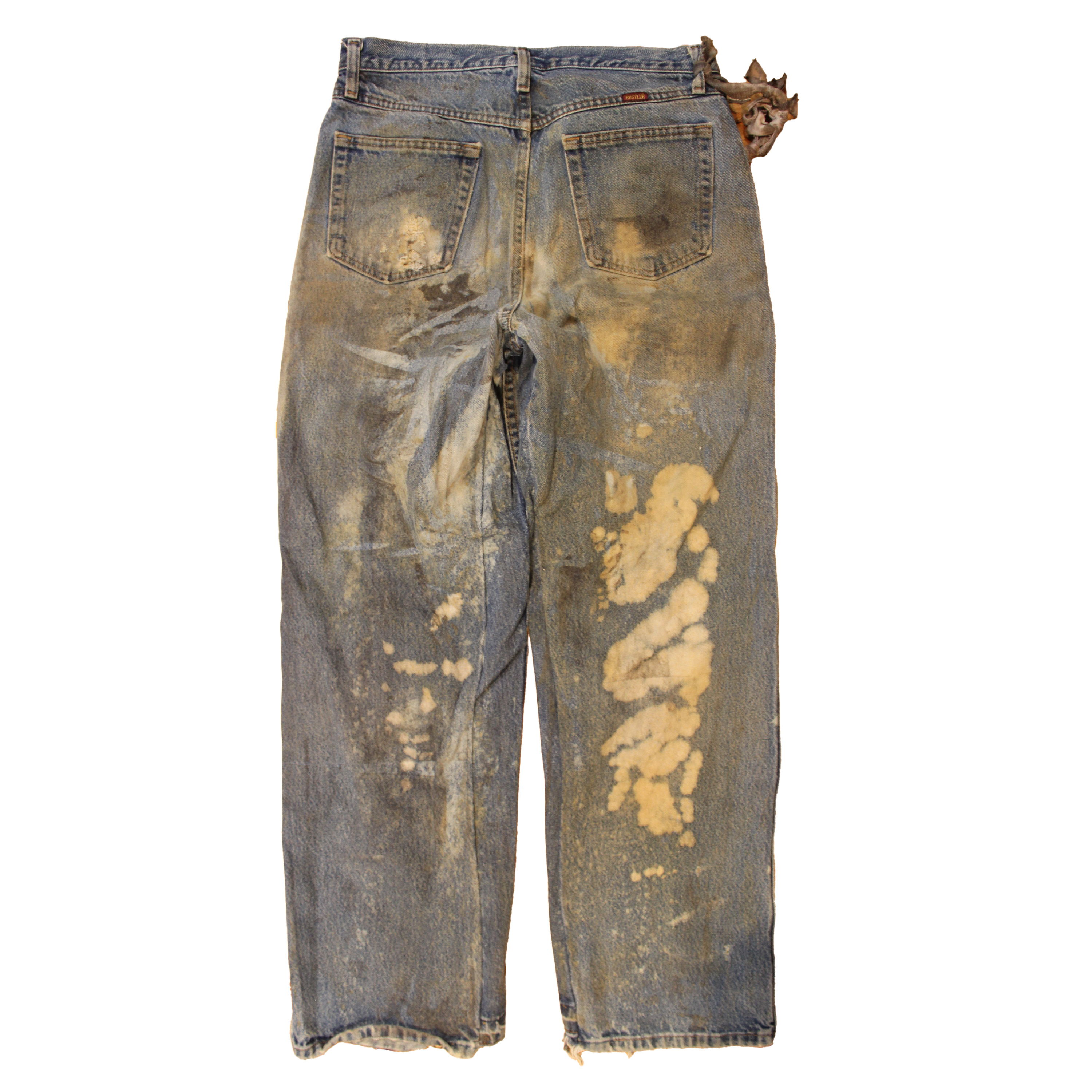 reclaimed vintage surplus denim screen printed with textile dye & various metals. tailored for straight/wide fit. fitted with custom keychain, scrap chain, and leather patches