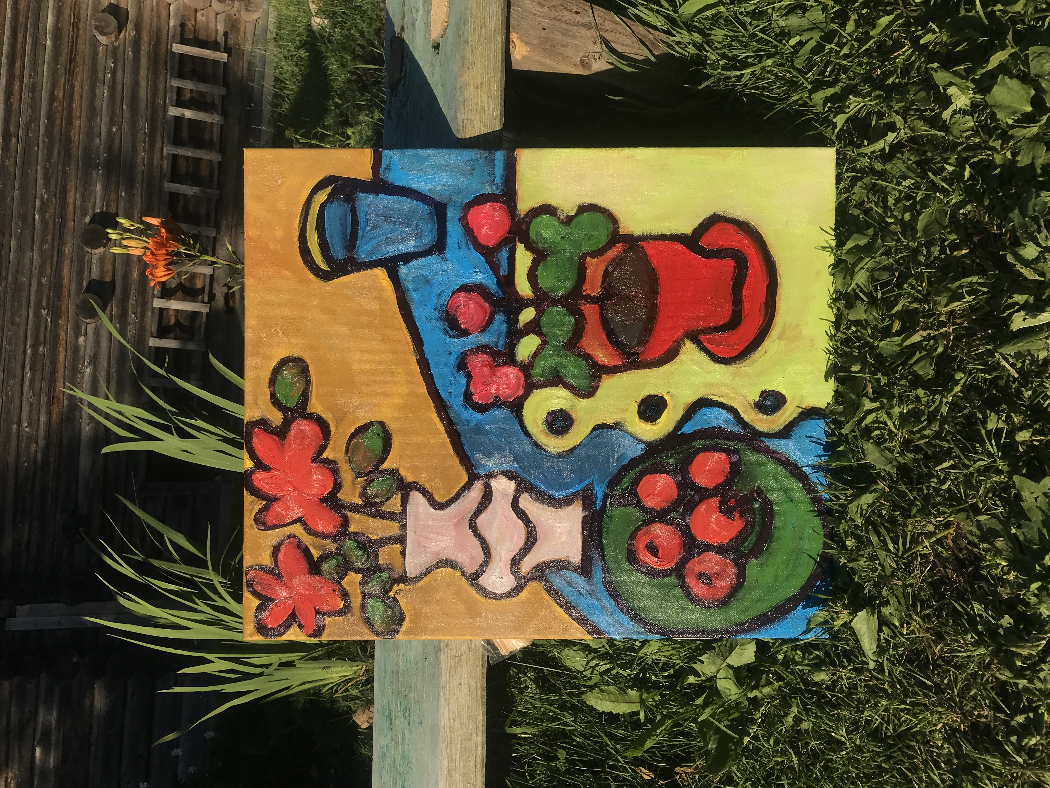 Through a skillful combination of multiple perspectives, this painting creates a sense of space that is both disorienting and intriguing. From a bird's-eye view, we see the plate, tablecloth, and table all at once, while the vase is presented from a side view, appearing almost flat to the viewer. Meanwhile, the glass of water and potted flower are positioned in a three-quarter view, adding depth and dimensionality to the scene. As a result of this intricate interplay of projections, the space of the painting seems to pile up and press in on the viewer, inviting us to explore the strange and wondrous world that has been created before us.