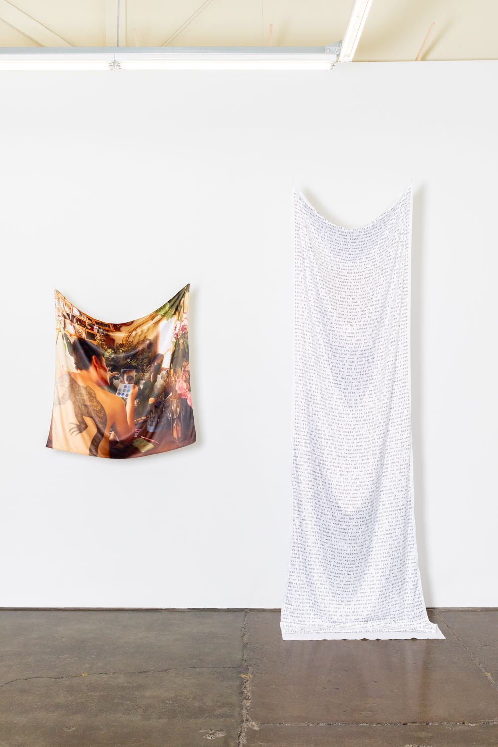 Jazz Money, Bub, Listen up, 2021, Digital print on poly silk, and sound, 100 x 100 cm, 300 x 100 cm