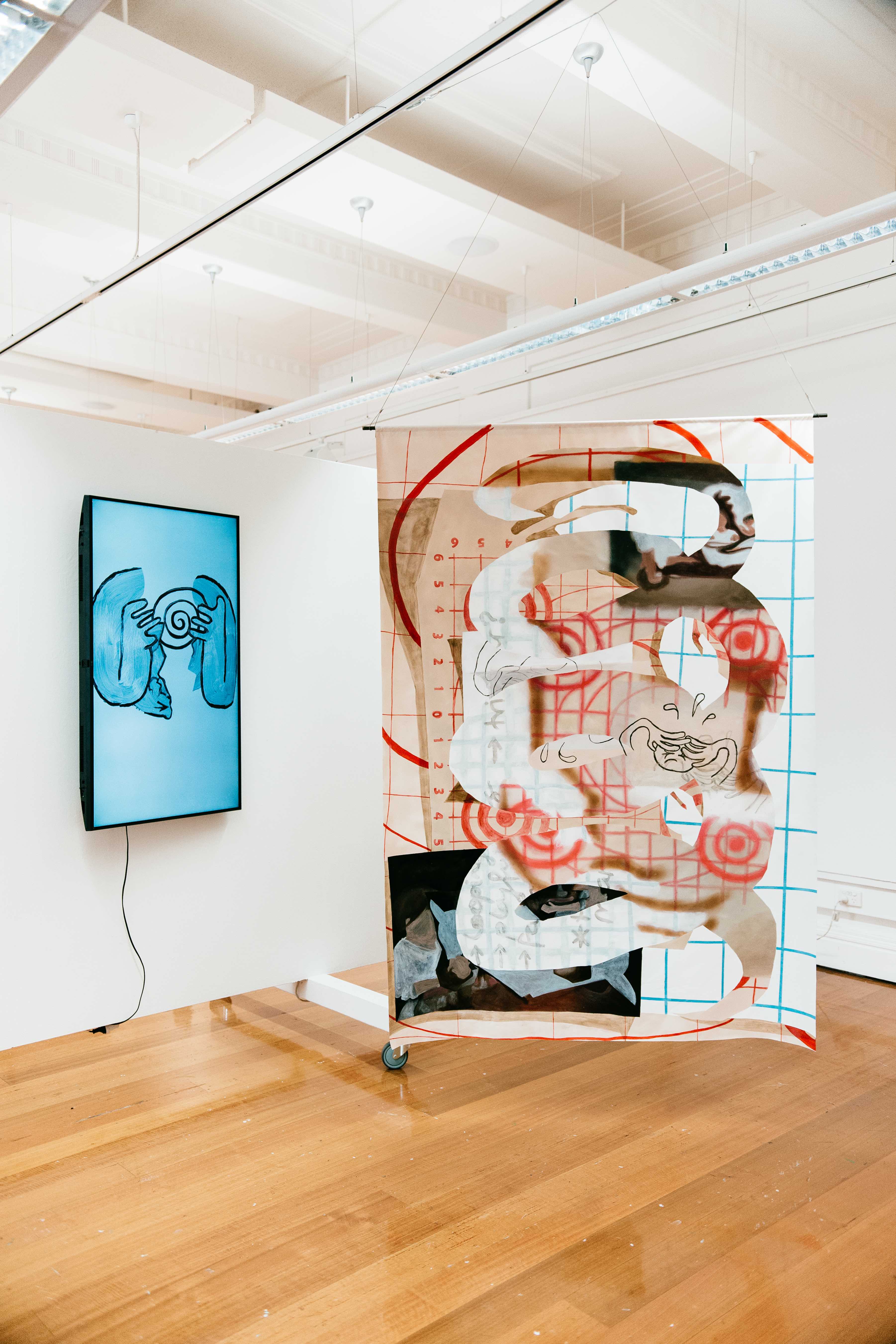 Installation view: Spiralling and Target Practice