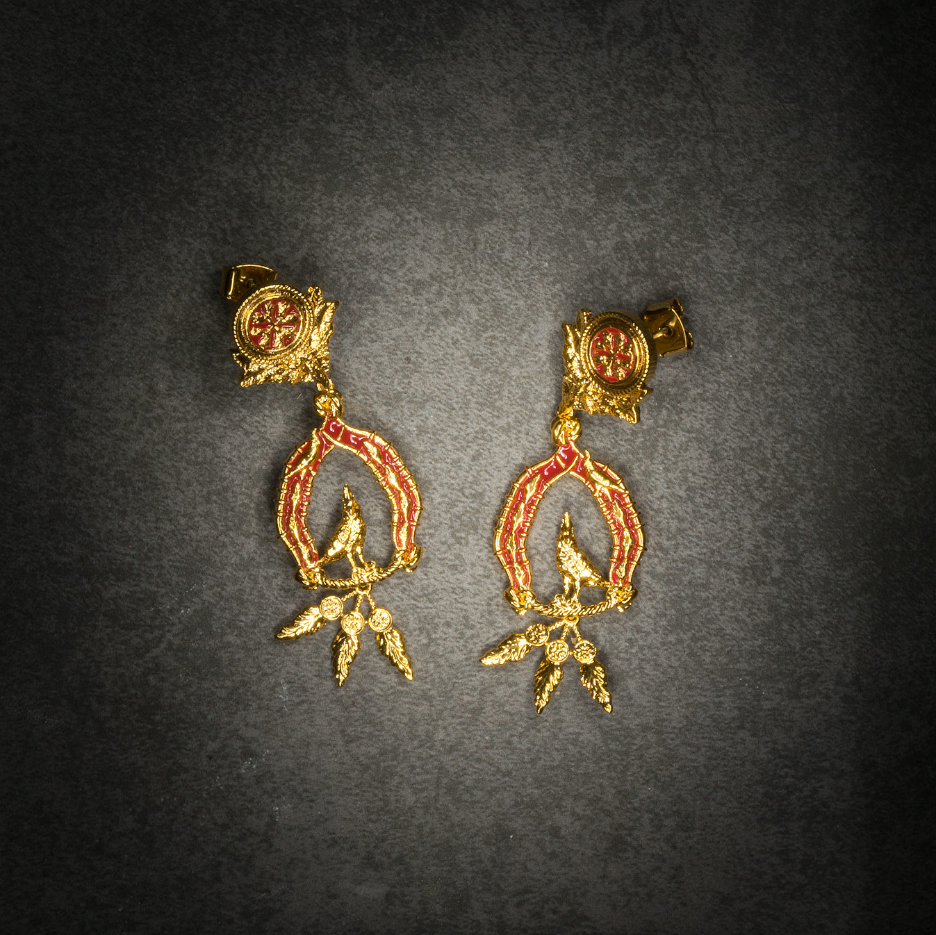 Vigor Earrings with Feathers Gold and Red View 3 by Angela Mia