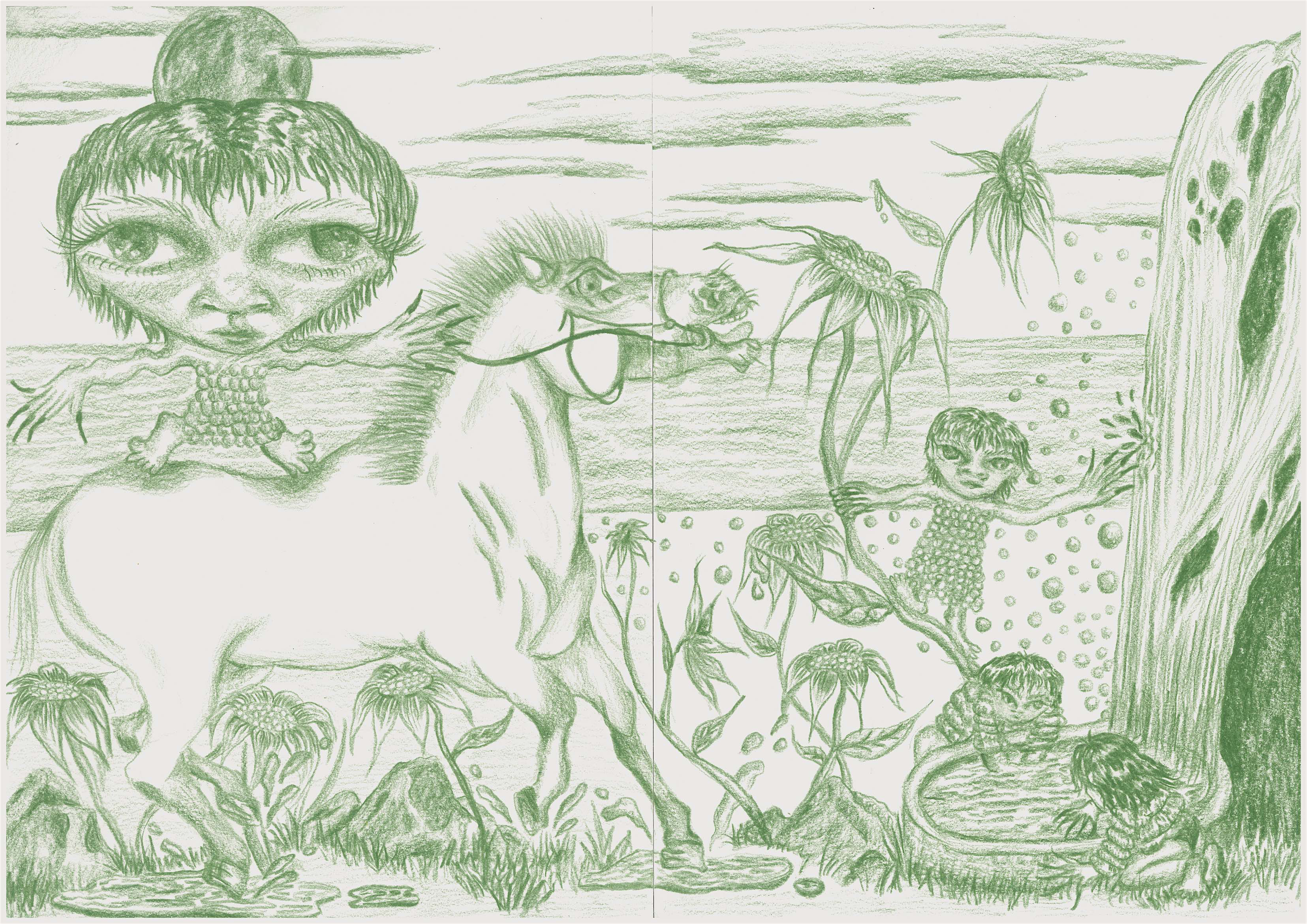 in my dreams I am riding Night Shining White (2021), colour pencil on paper, 21 x 42 cm 