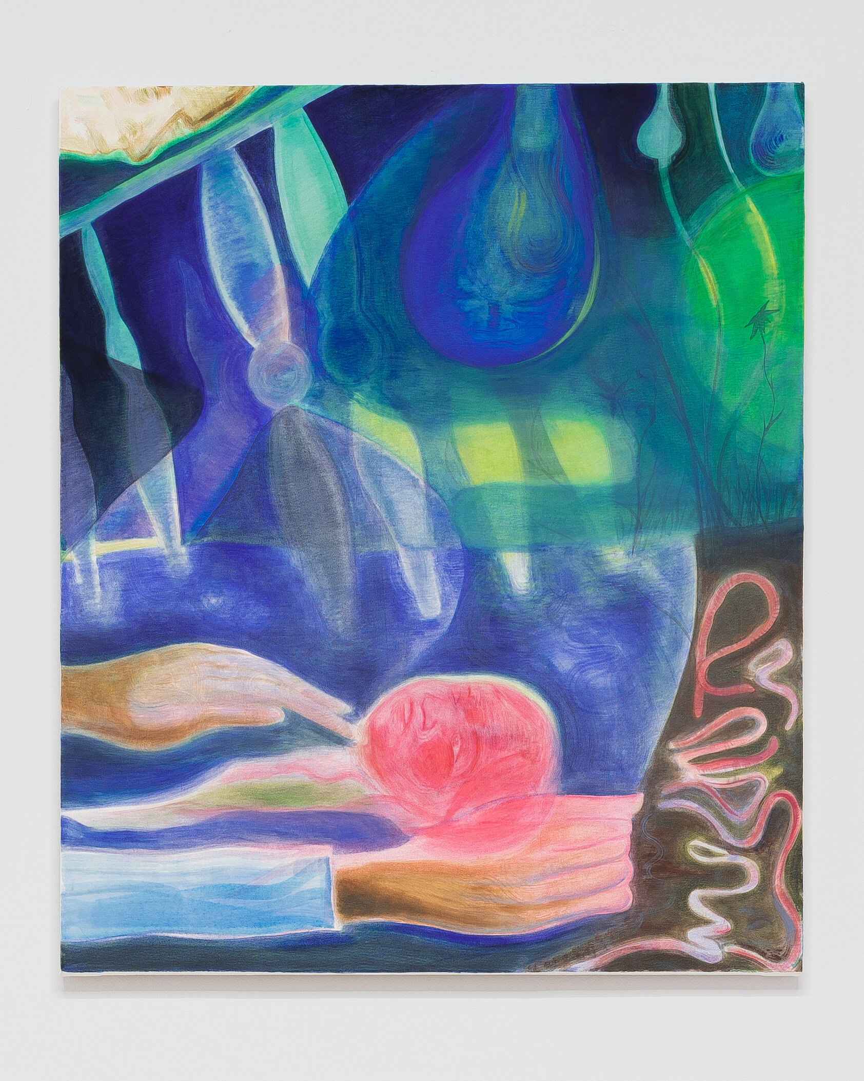 Severed Head, watercolor, acrylic, and flashe on canvas, 2023. 46x30 inches.