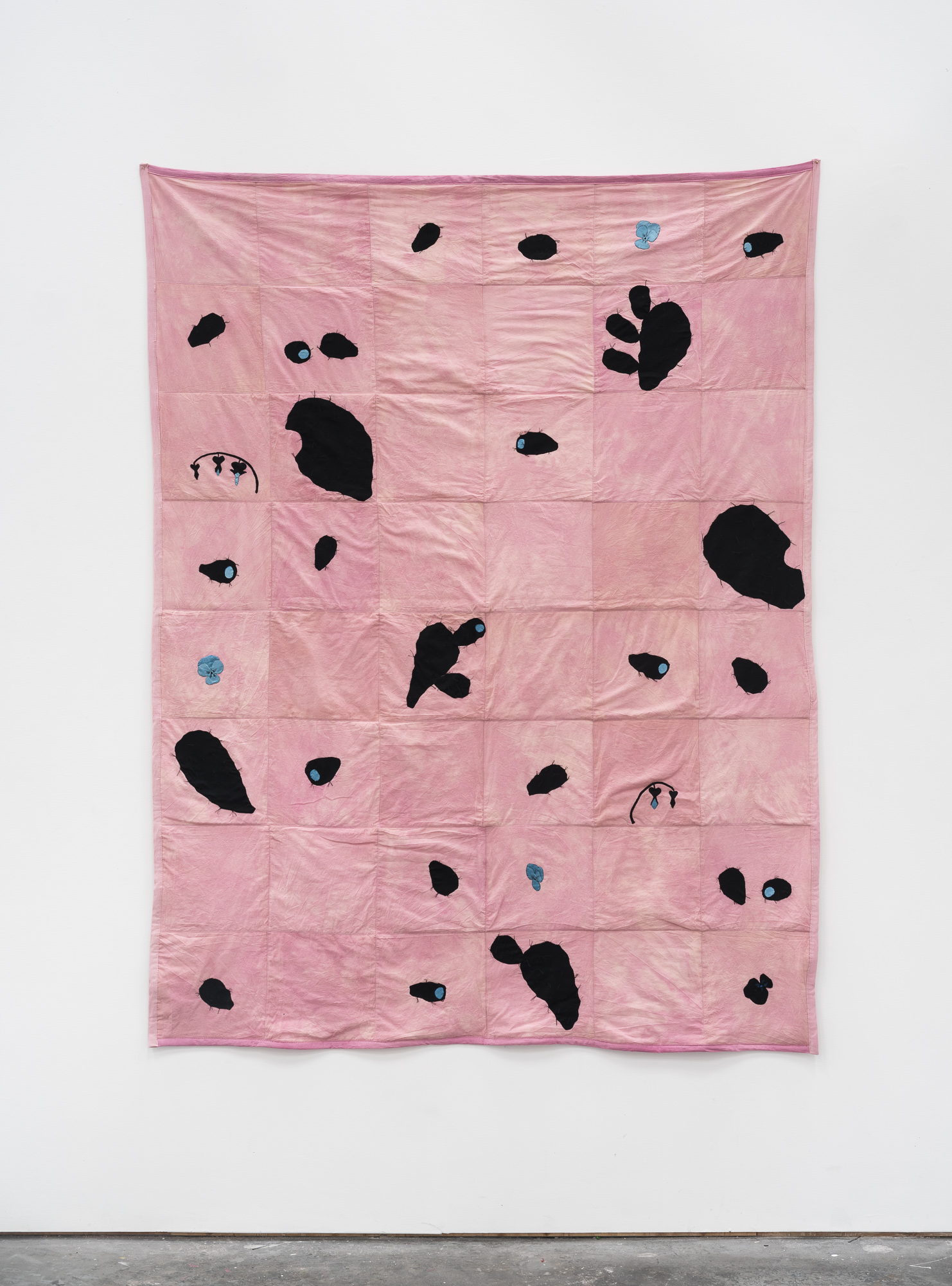 Quilt with prickly pear, pansy, and bleeding hearts, 2018Thread, cotton, cochineal, onion skin and indigo dyes, 64" x 55"