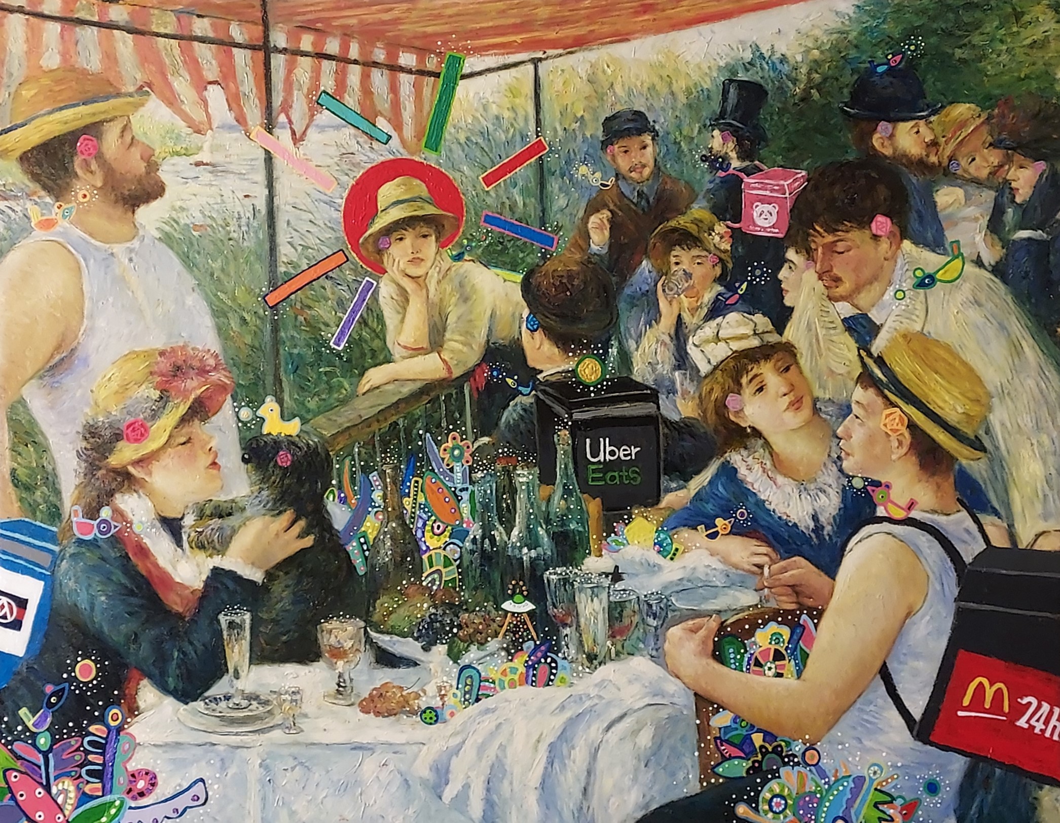 船上午餐。Lunch on board。89X 114cm Oil paint, acrylic paint, ready-made objects. Linen 2022