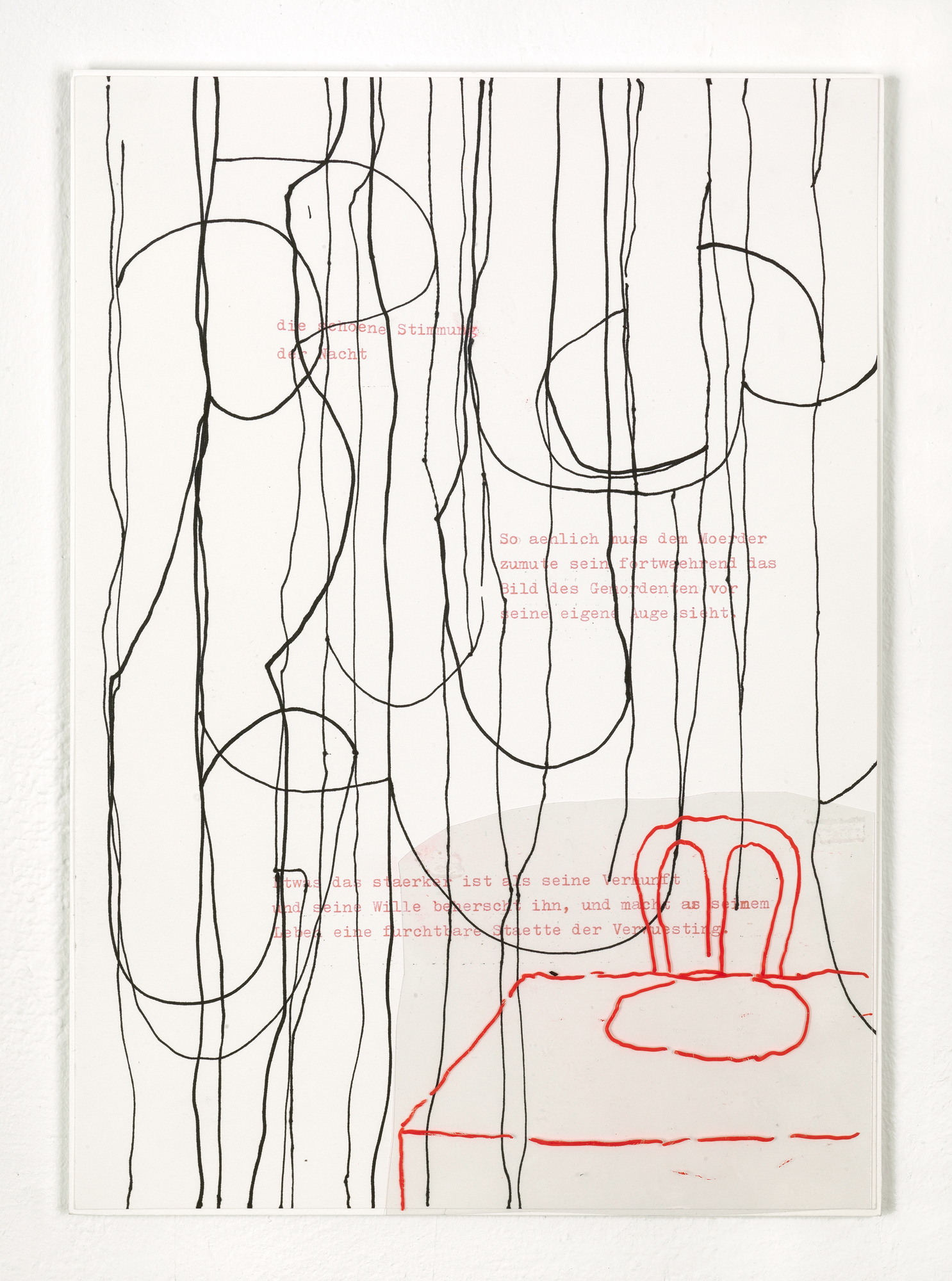 Fragments (Ellen W.)  – 1  Felt tip pen, gouache pen, acrylic sheet on typed paper 29,7 x 21 cm