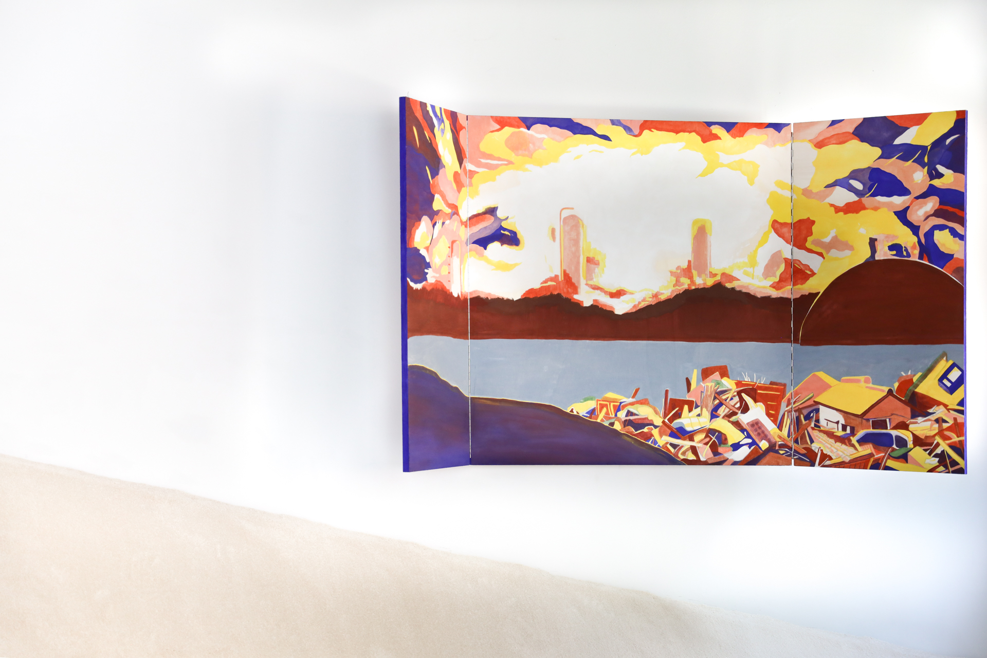 Carine Prache, Après, Triptique, gouache sur panneau de bois 100 x 200 cm (ouvert) 2021