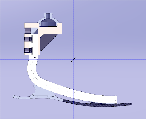 cross-sectional view; variable stiffness mechanism depicted at the ankle
