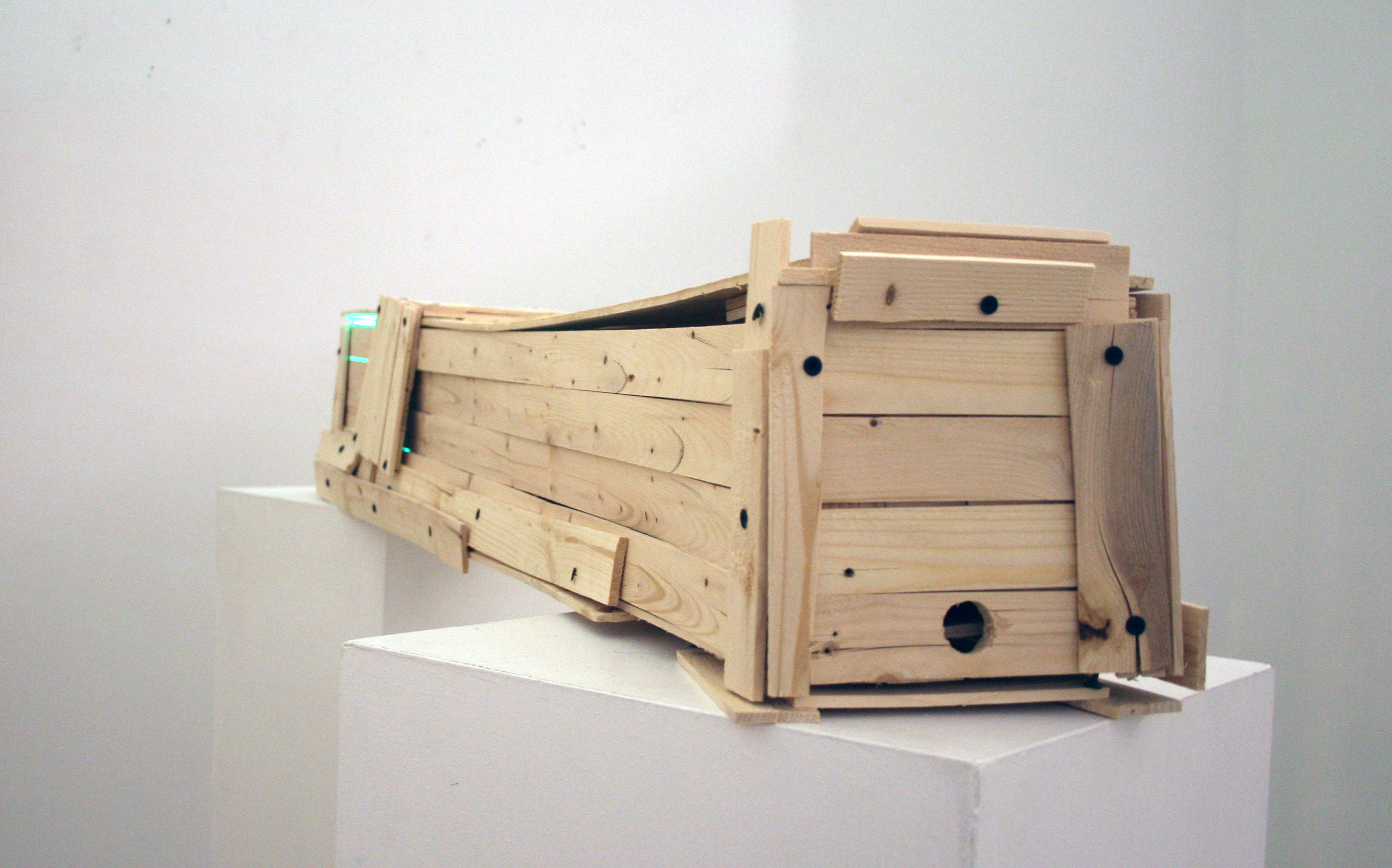 This Will Never Make It Across the Sea, 7 x 7 x 30 inches, LEDs, mirror, rock slide, and wood