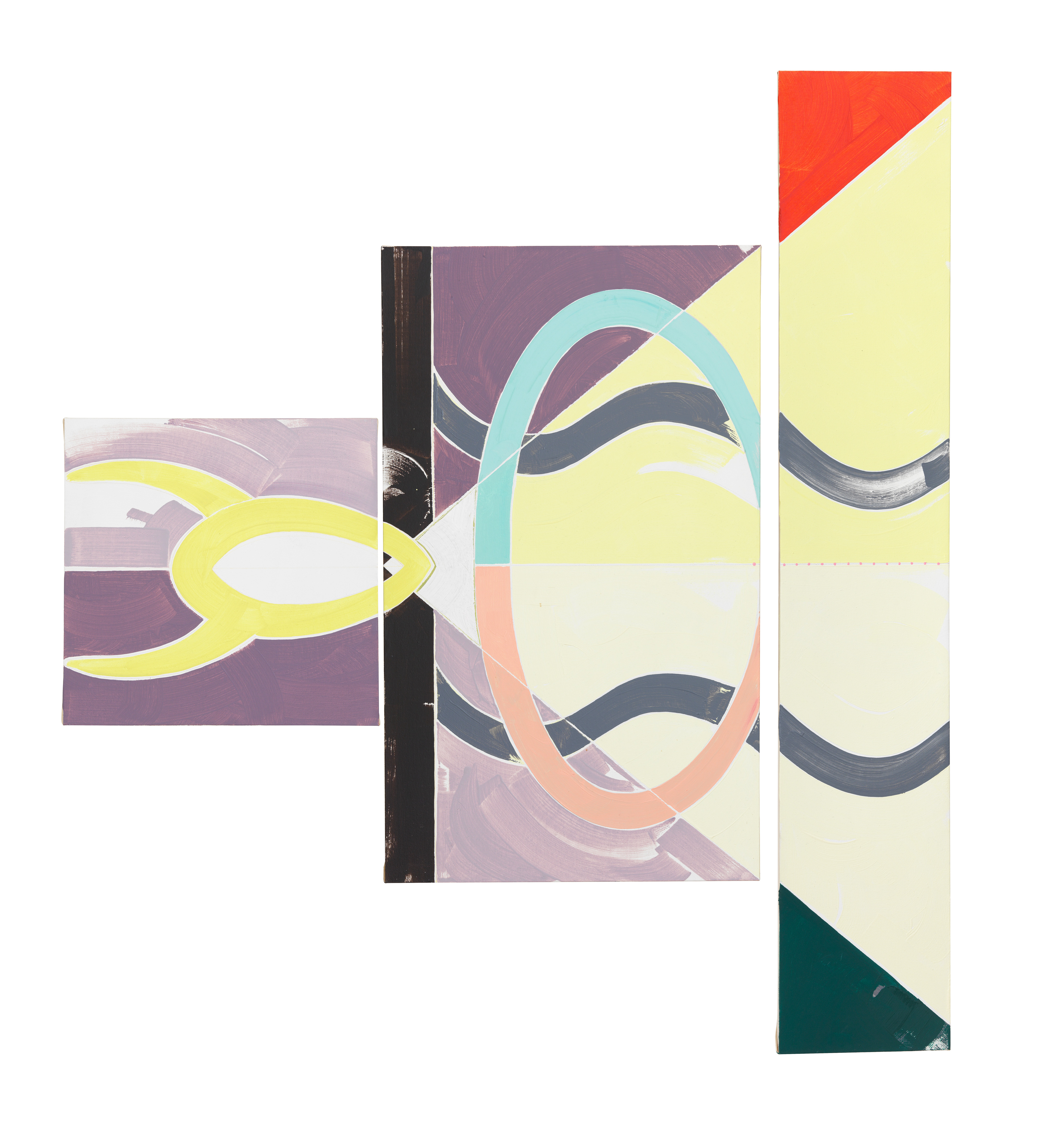 sosFound::subject_citizen:CALCUCONDUCTOR_> teevee, 2016,  oil on canvas, (35 x 35) + (74,5 x 43,5) + (115 x 20) cm