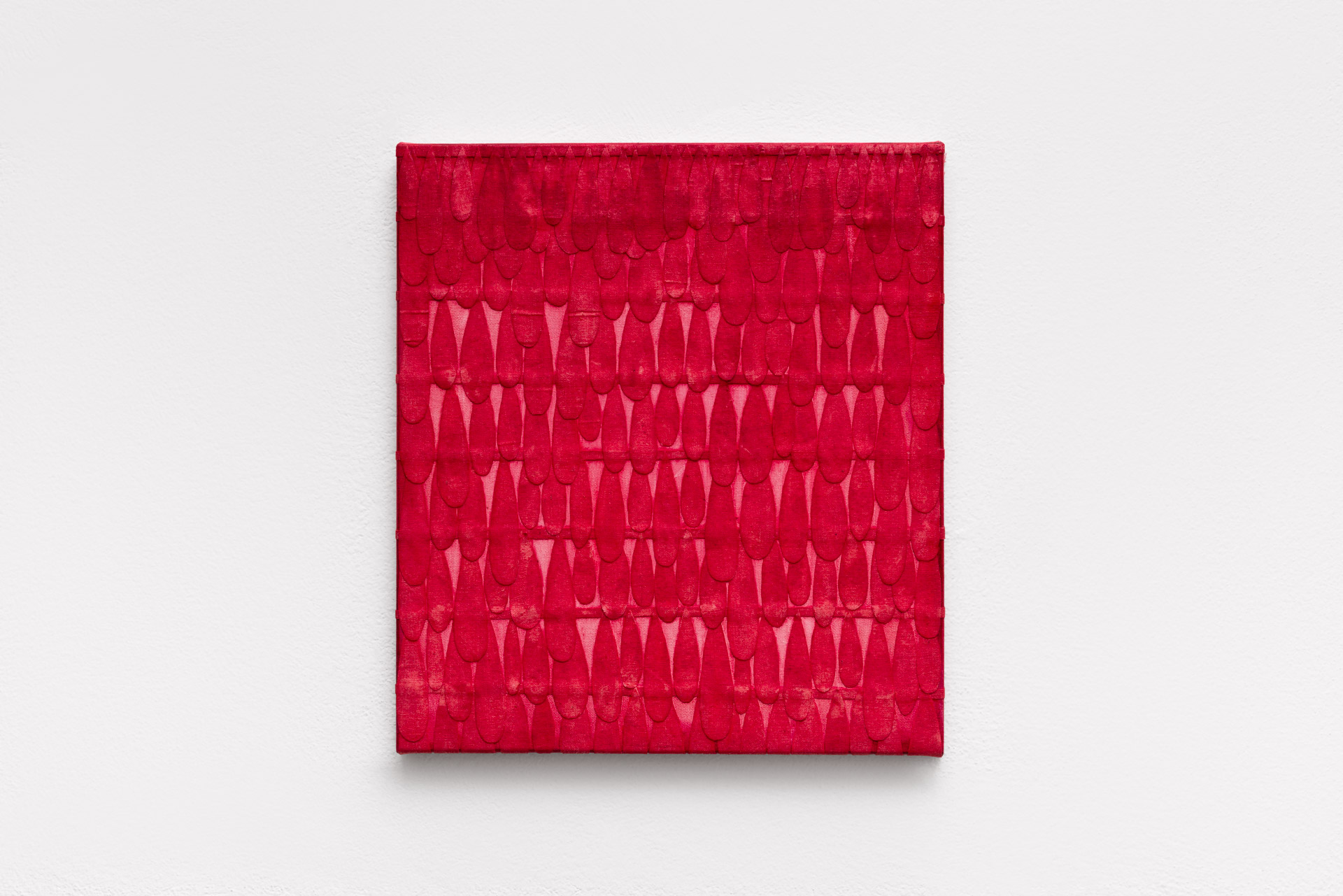 ’Blood Fall’, 2024. Oil and watercolour on fragments of cloth mounted on canvas. 35 x 30 cm.