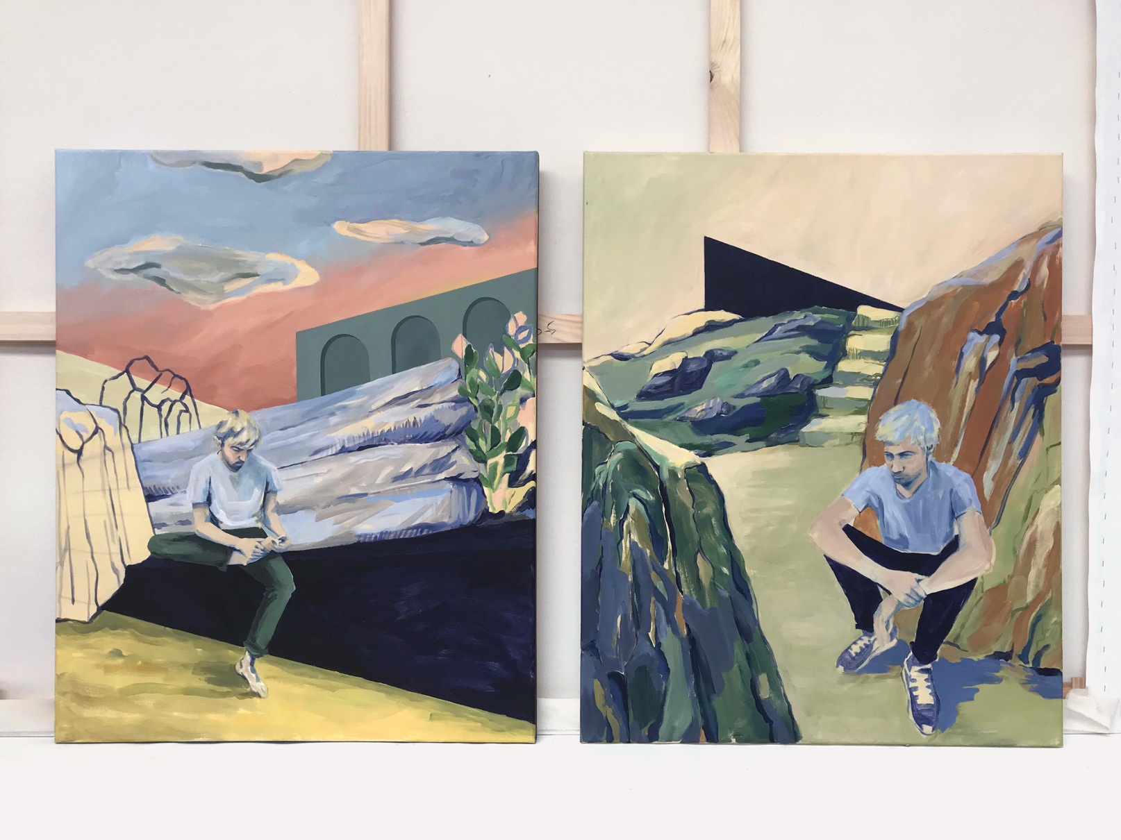 &lsquo;The sky will be closer&rsquo; (l: Oneiric / r: The Hill) &ndash; Acrylic on Canvas &ndash; 90 x 70 cm