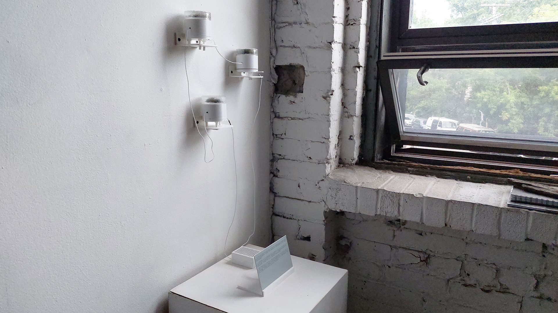 Slow Serif, installation view. (Photo: Matthew Halpenny).Image Description: A photograph angled towards a corner where a white-painted brick wall with an open window meets a blank white one, on which three of Halpenny’s cylindrical moss gardens are mounted. Just below the cells, a square podium displays the textual component of the exhibit, which is encased in plexiglass.