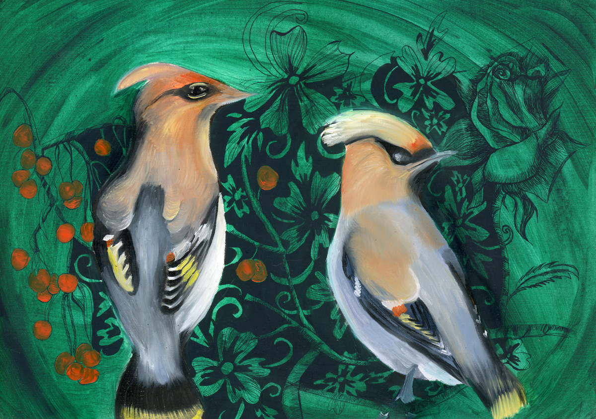 Couple de Jaseurs Boréale,2020,Huile sur papier/encre de chine ,29,7x42cm
