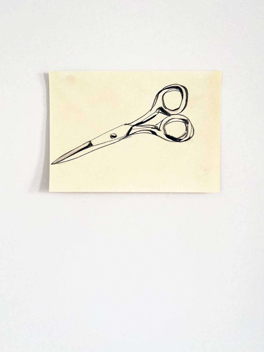 19/26 — SCISSORS.During her residency at the MQ21 in Vienna, Austria, as part of her Fulbright Independent Scholar appointment, Quinn began working on a companion drawing project to The Haircut while conducting new research on women's representation in media.  Charcoal, drawing pens and markers, oil pastel, paint, and pencil, the group of seventy-some drawings ranges in size from A5 to A2 on various papers; 2021-ongoing.