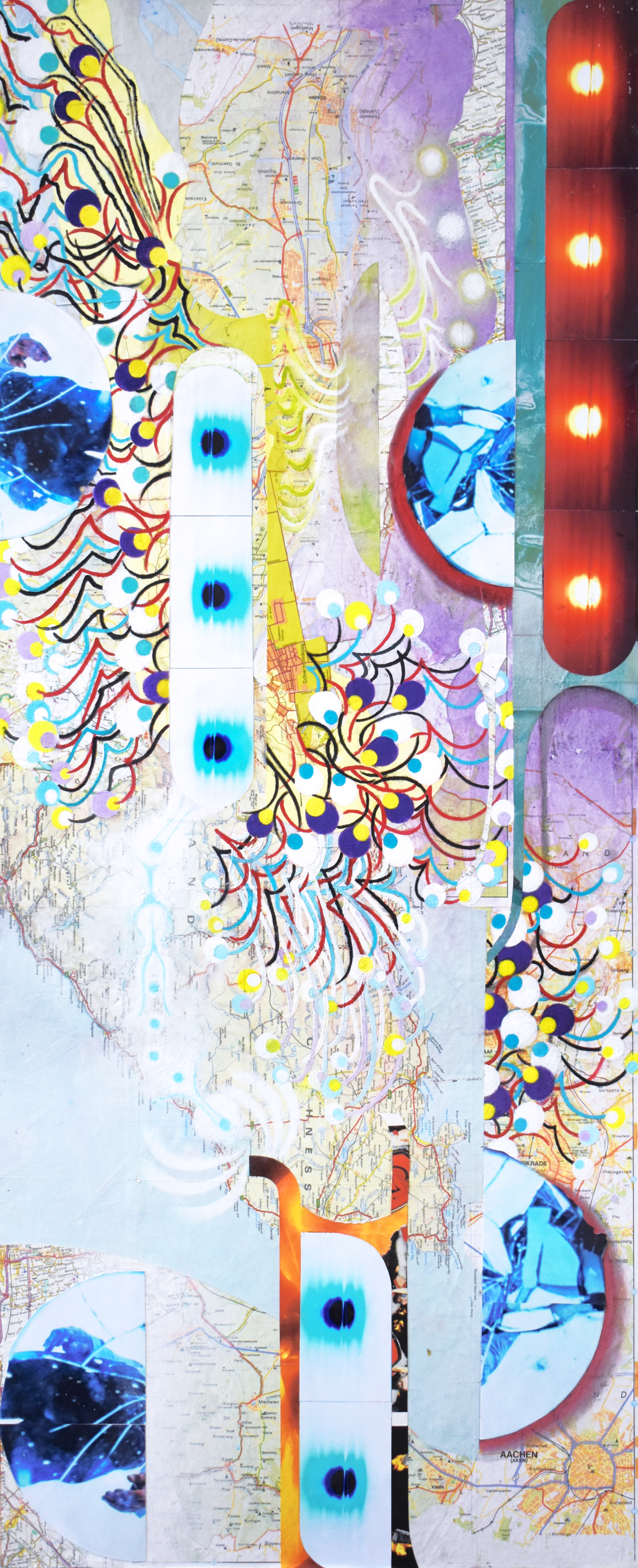 Energy Swarm #2, Acrylic and Ink on Map Collage, 45*105 cm, 2022