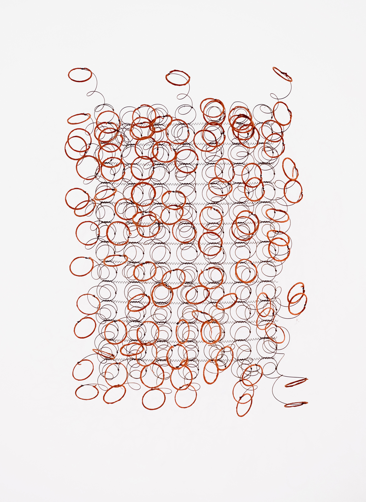 Bronwyn Katz,  Rooi Spoor I  (2018) | Salvaged bed springs and wool, approx. 100 x 80 x 30 cm