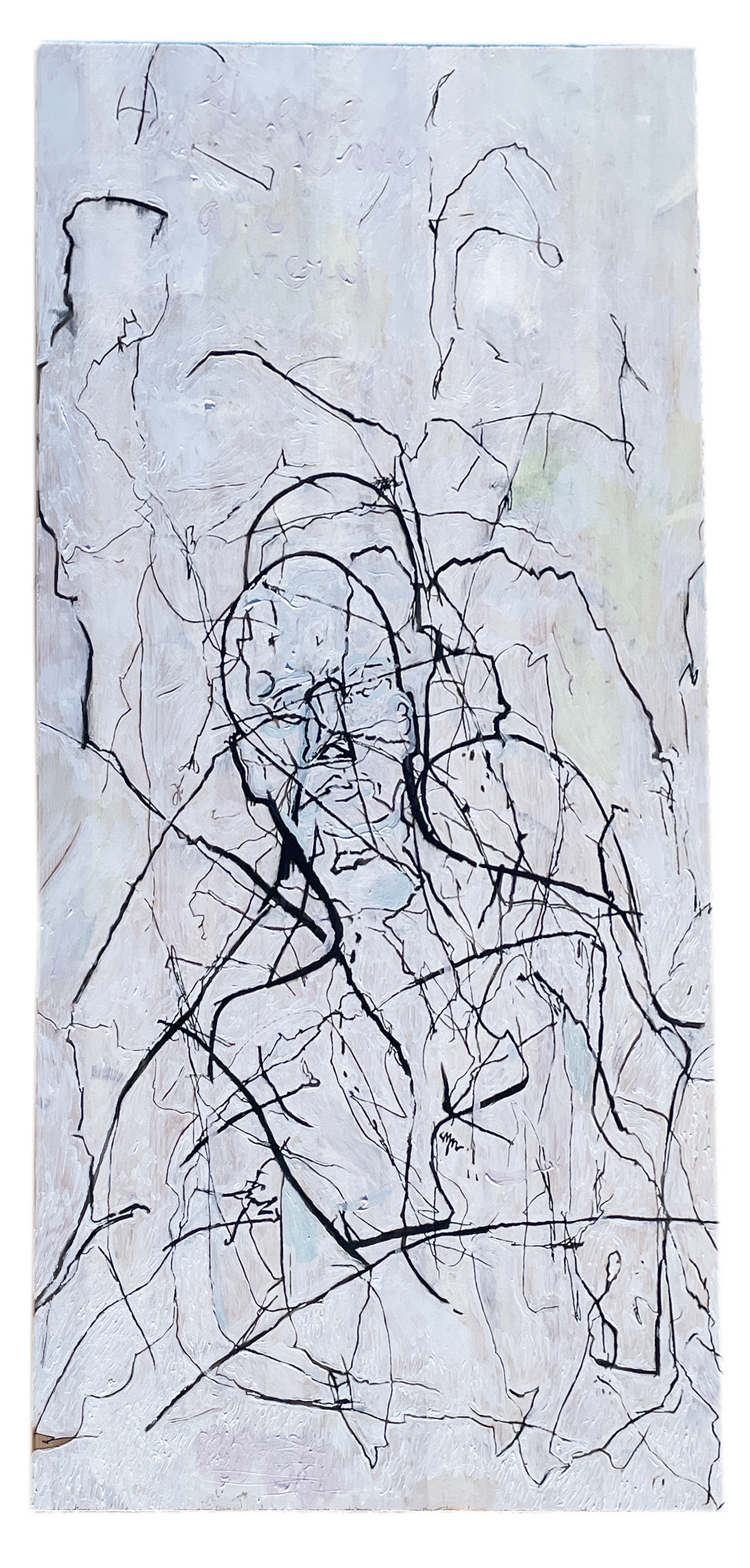 'to honor line, a self-portrait as seen from within', acrylic and charcoal on wood, 2023