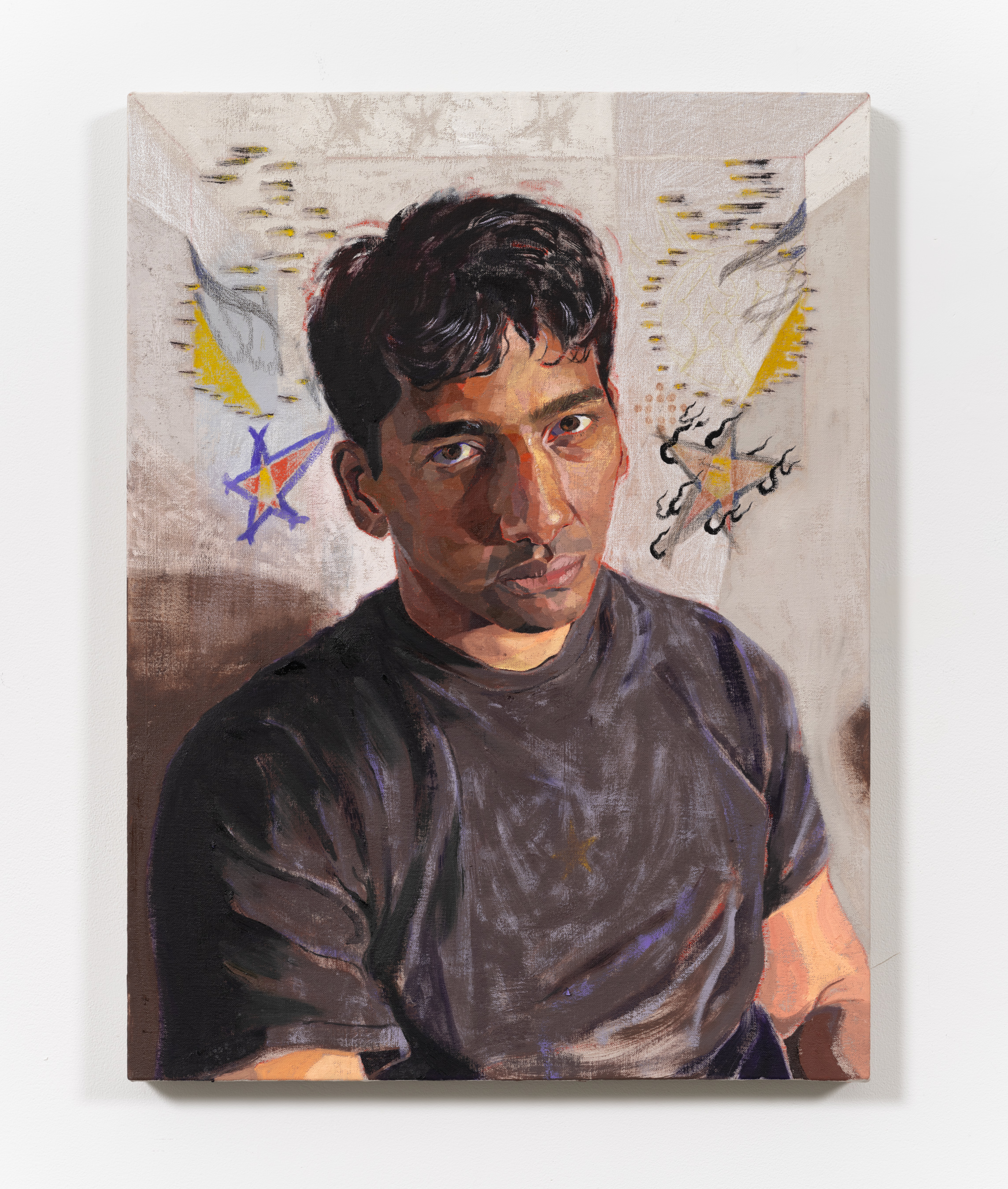 Portrait of Anuk, aka: Berliner, 2023 Graphite, color pencil, gouache, oils, oil stick on canvas 24 x 18 inches